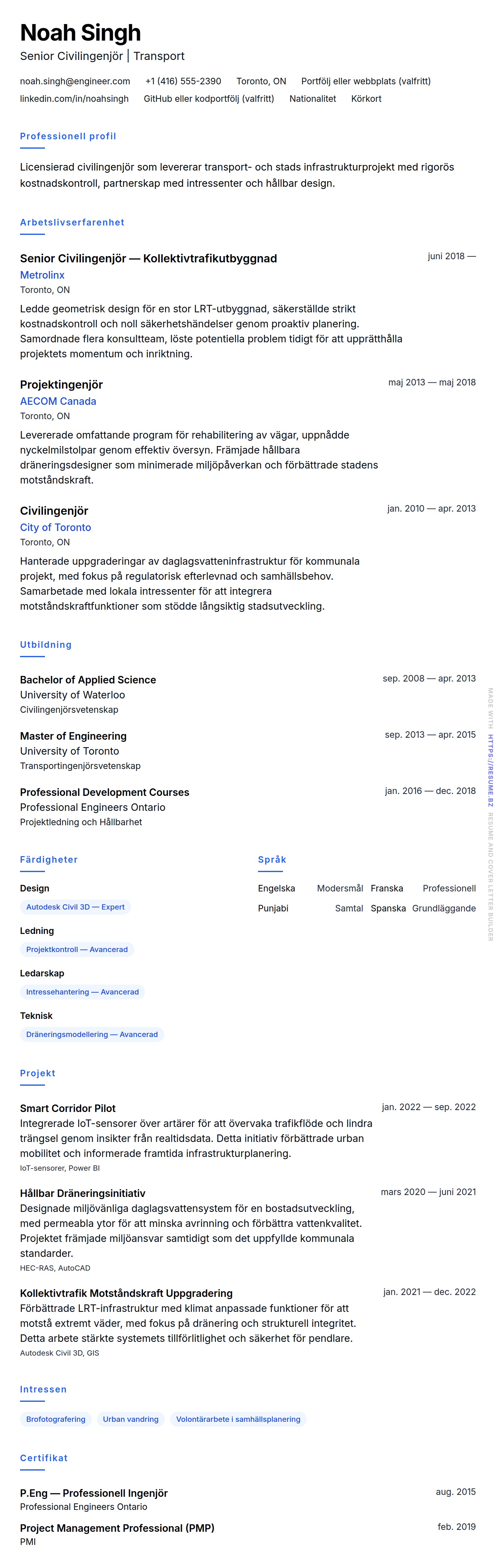 CV-förhandsgranskning för Exempel på CV för Civilingenjör