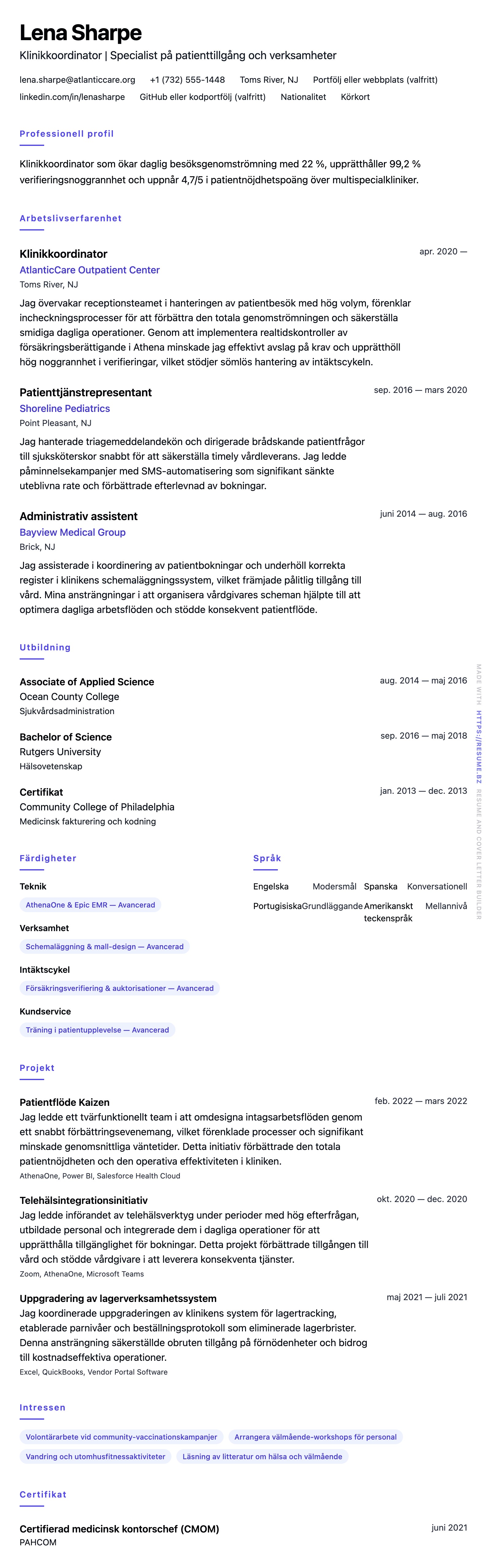 CV-förhandsgranskning för Exempel på CV för klinikkoordinator