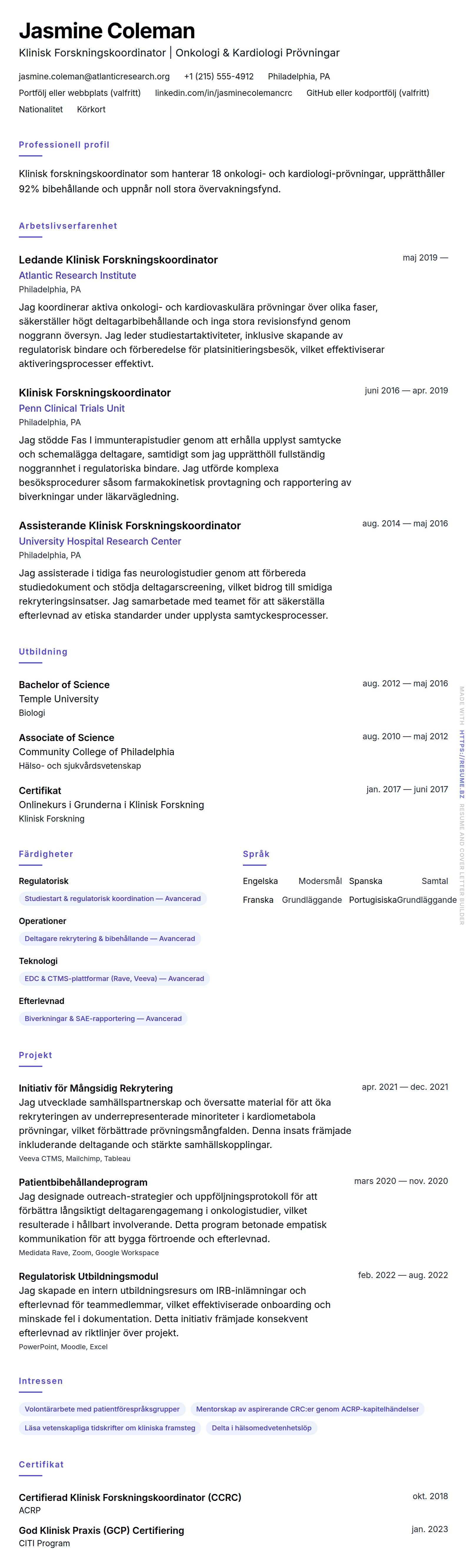 CV-förhandsgranskning för Exempel på CV för Klinisk Forskningskoordinator