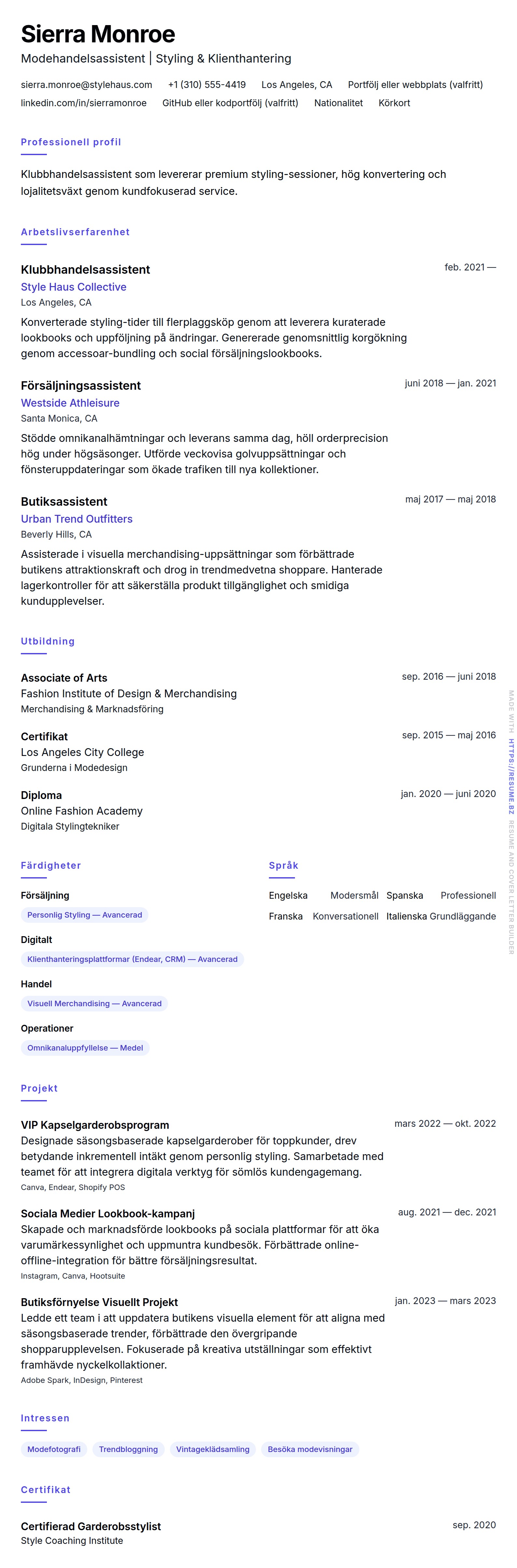 CV-förhandsgranskning för Exempel på CV för Klubbhandelsassistent