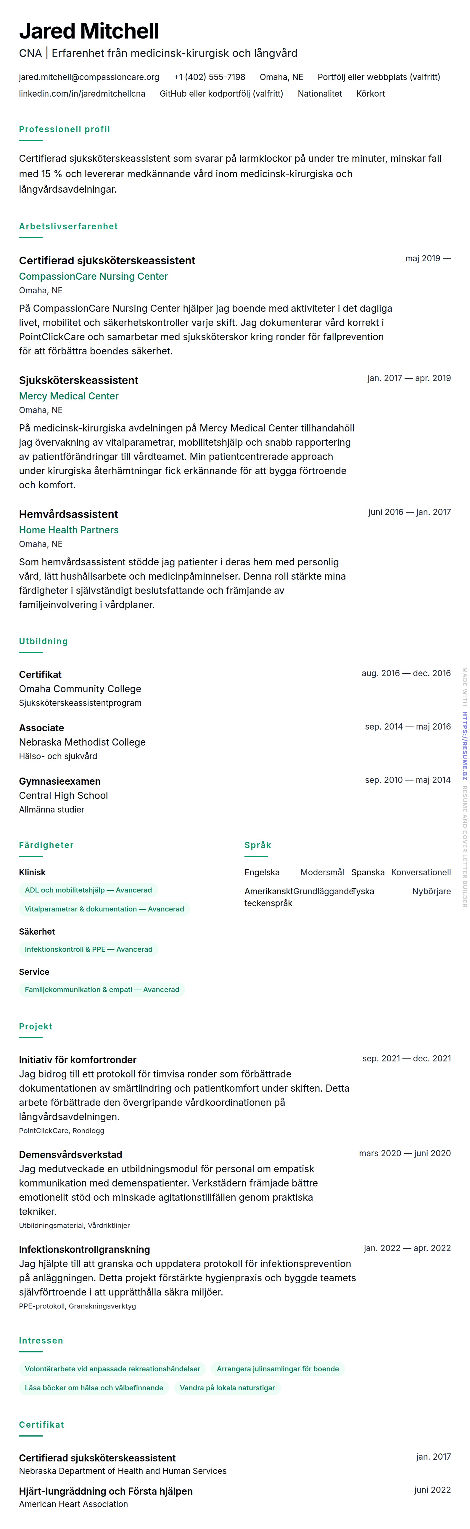 CV-förhandsgranskning för Certifierad sjuksköterskeassistent (CNA) CV-exempel