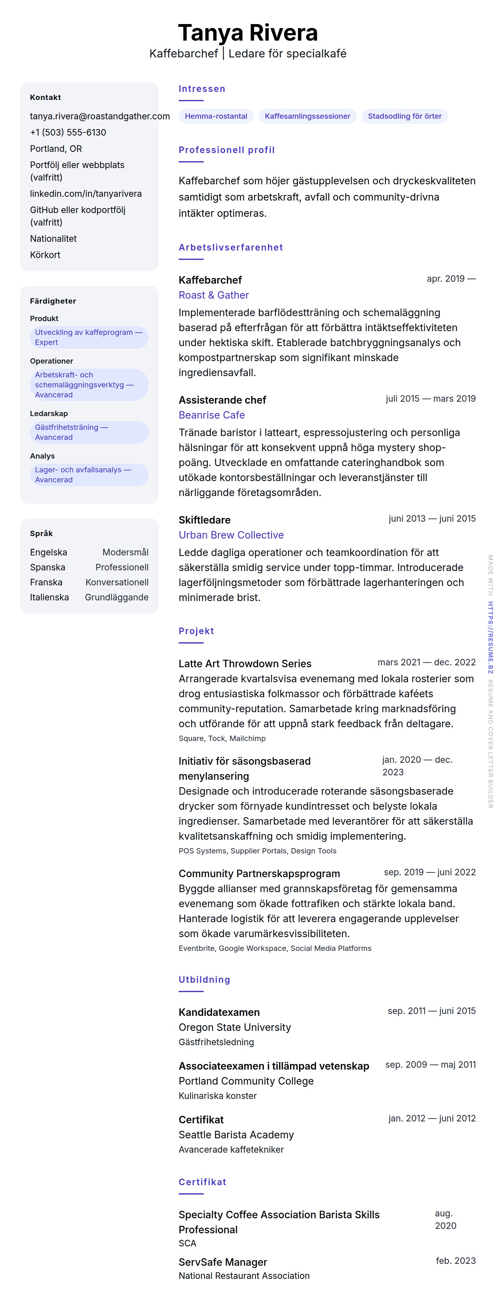 CV-förhandsgranskning för Exempel på CV för Kaffebarchef