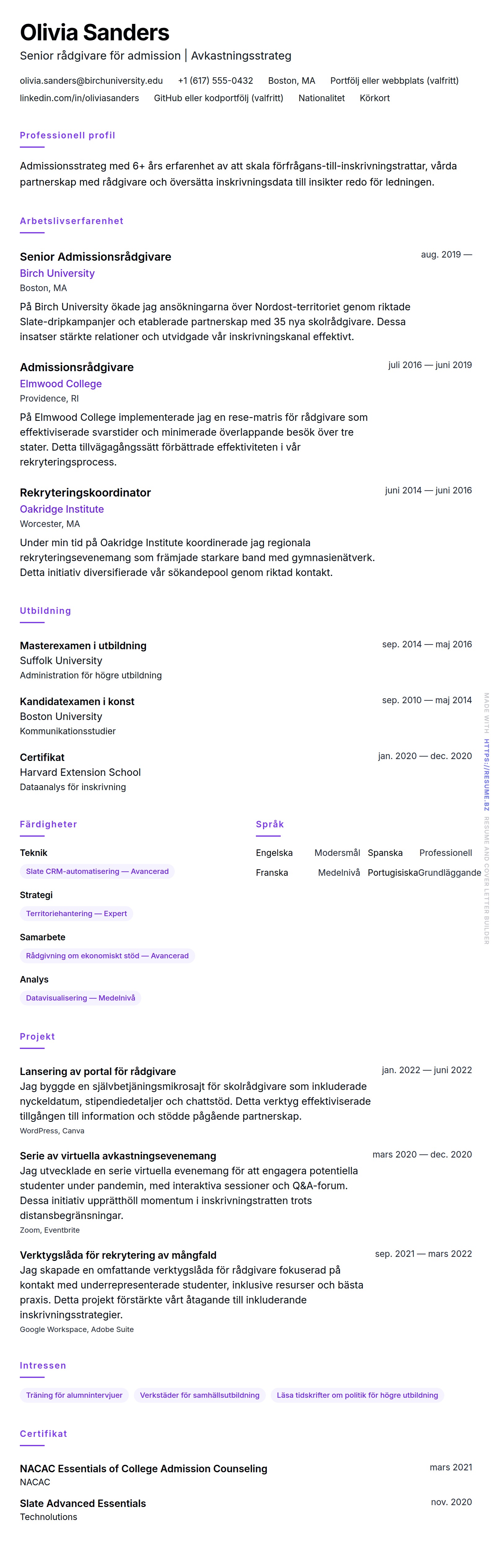 CV-förhandsgranskning för Exempel på CV för rådgivare för högskoleadmission
