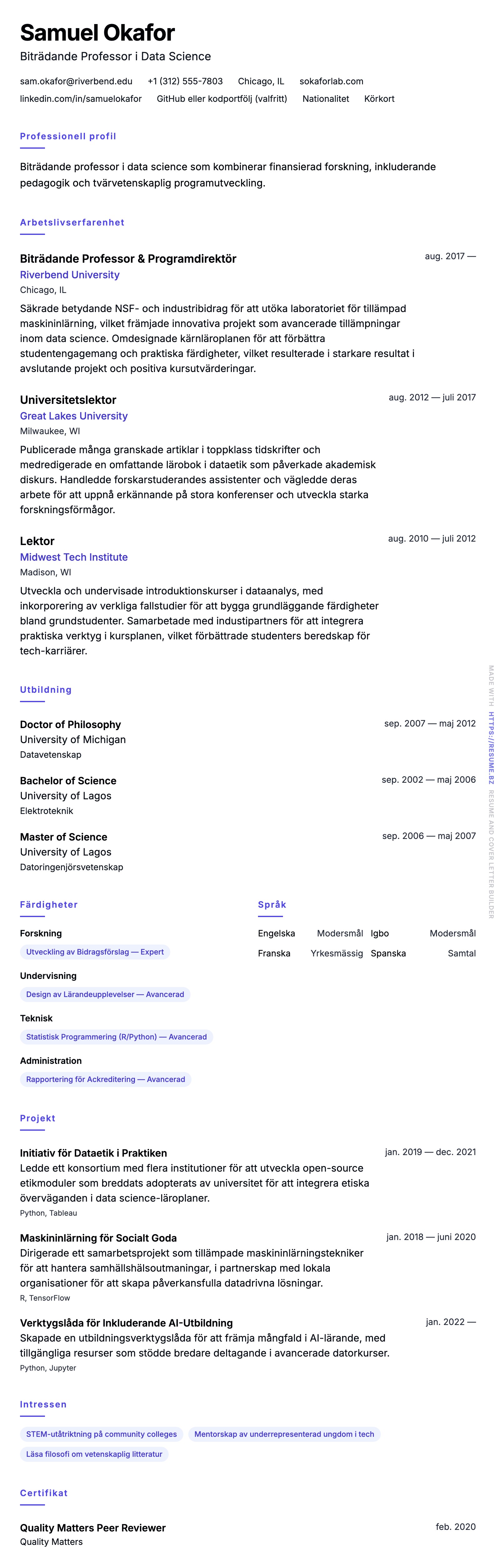 CV-förhandsgranskning för Exempel på CV för Högskoleprofessor