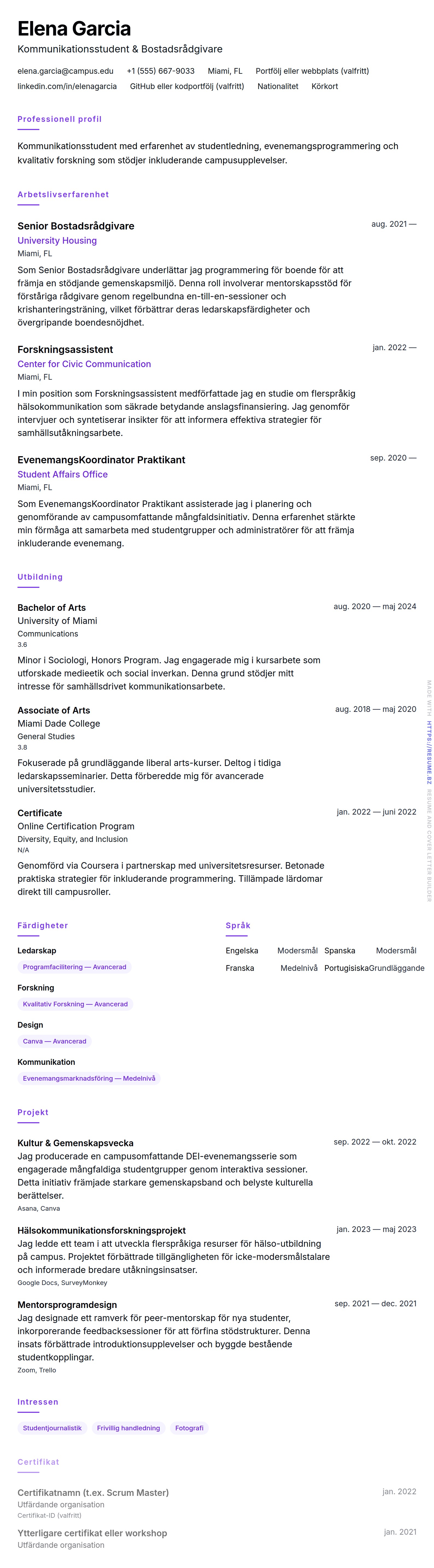 CV-förhandsgranskning för Exempel på CV för College Student