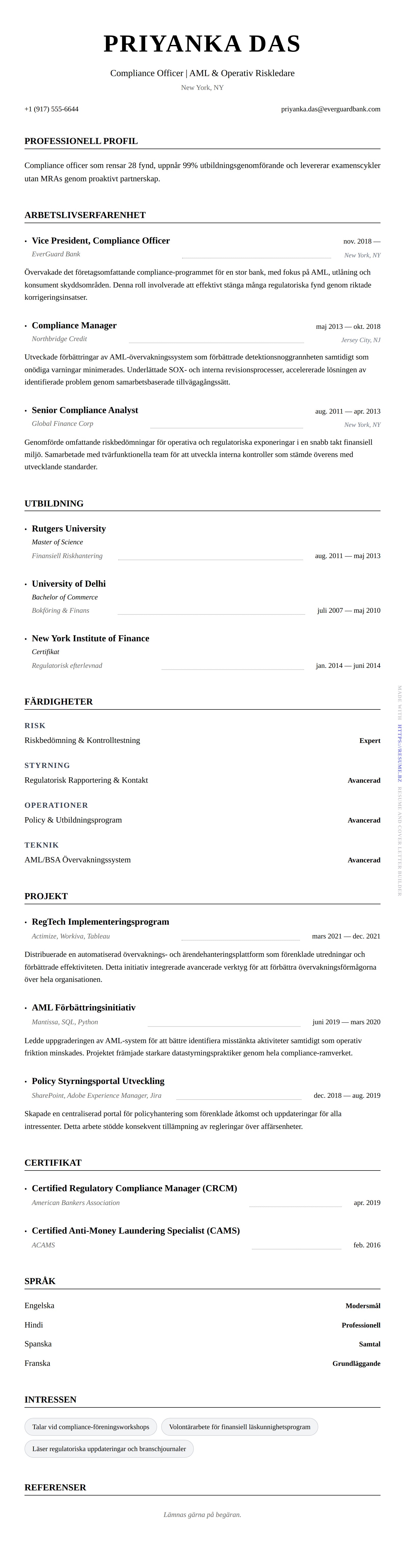 CV-förhandsgranskning för Compliance Officer CV-exempel