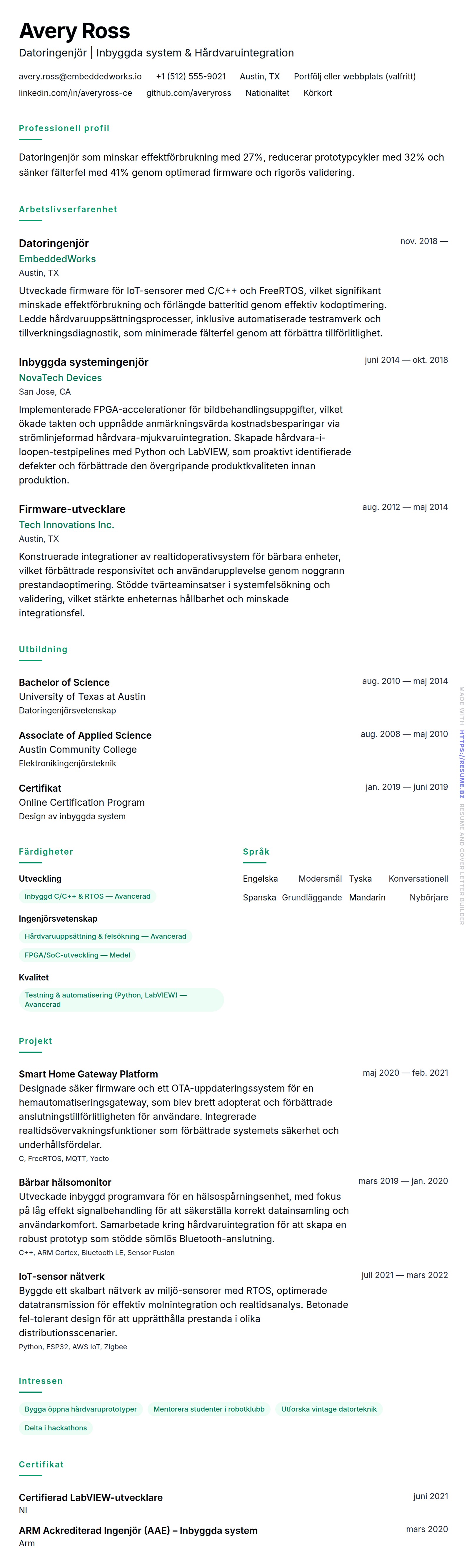 CV-förhandsgranskning för Exempel på CV för Datoringenjör