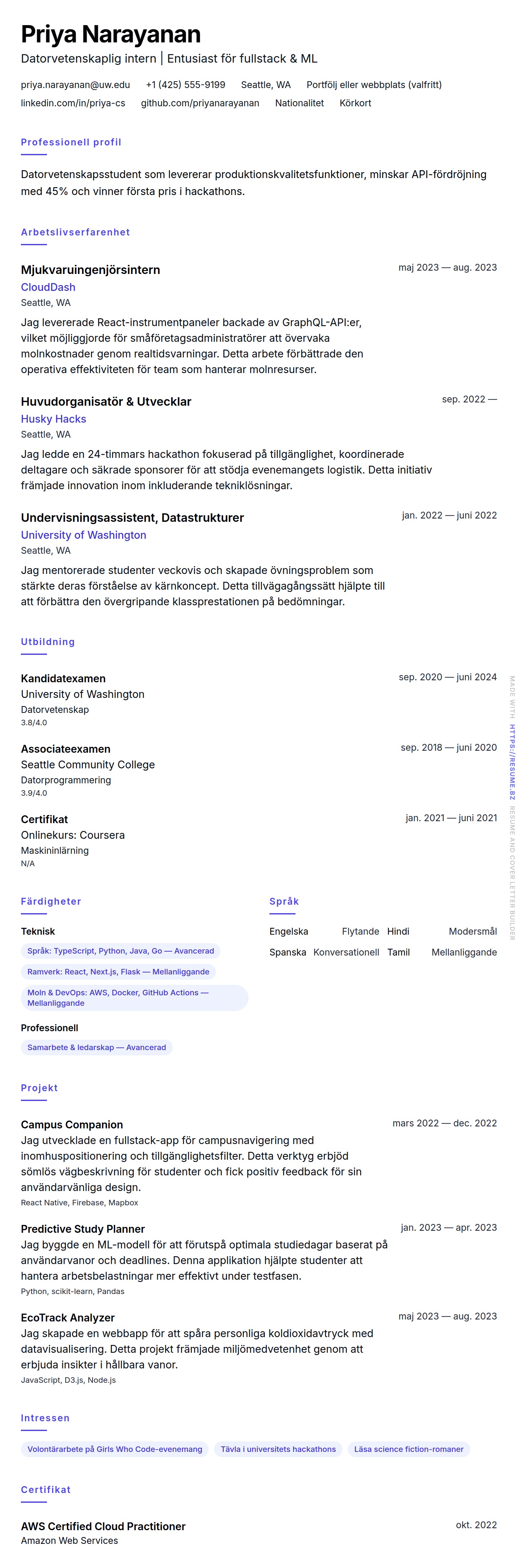 CV-förhandsgranskning för Exempel på CV för datorvetenskapligt internship
