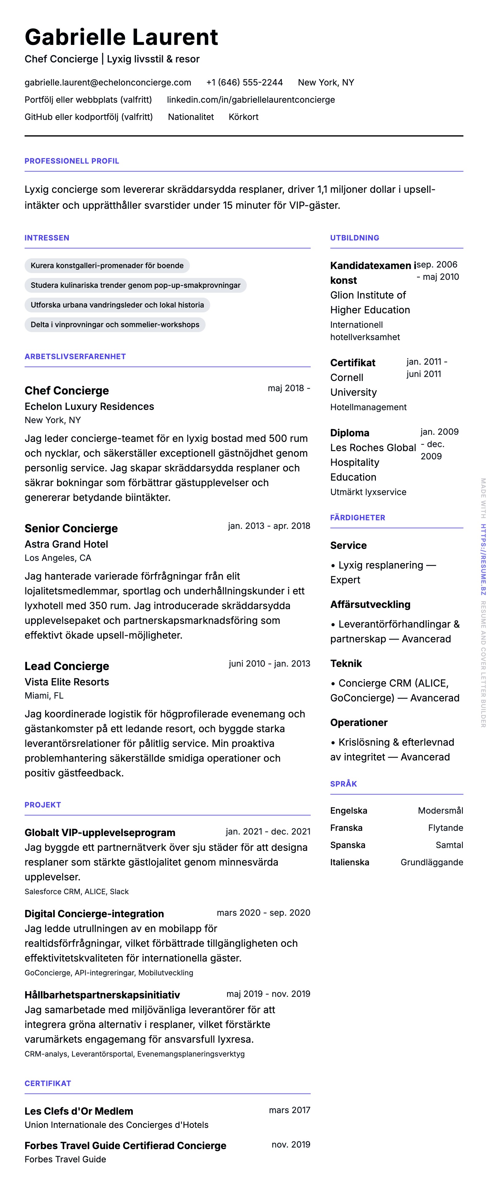 CV-förhandsgranskning för Concierge CV-exempel