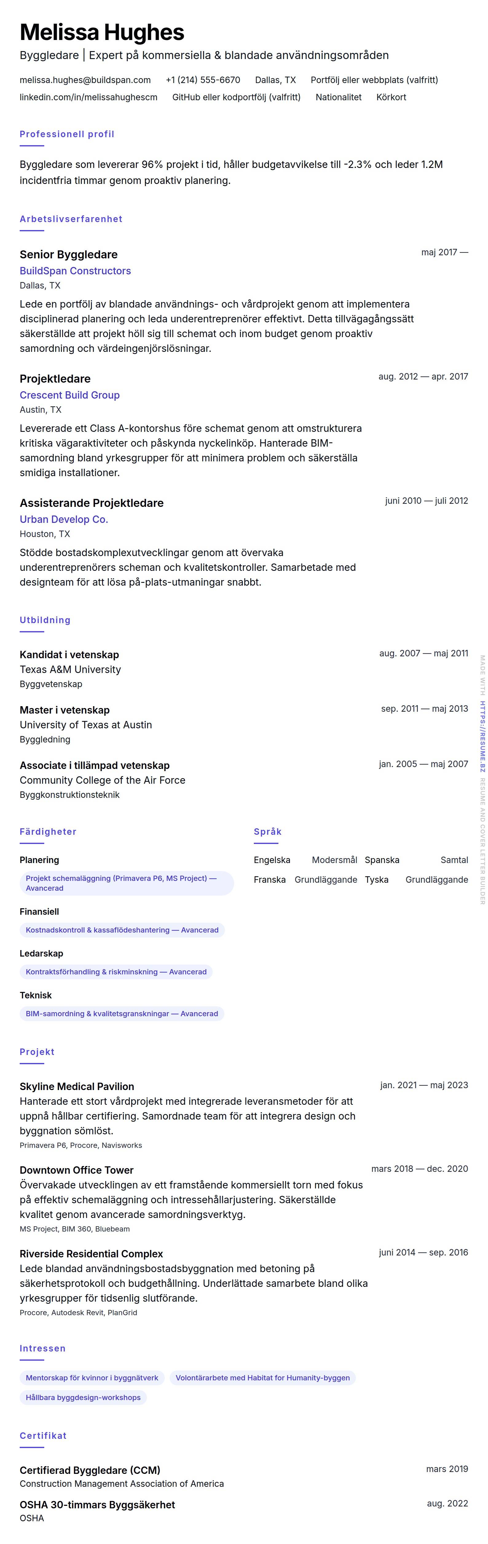 CV-förhandsgranskning för Byggledare CV-exempel