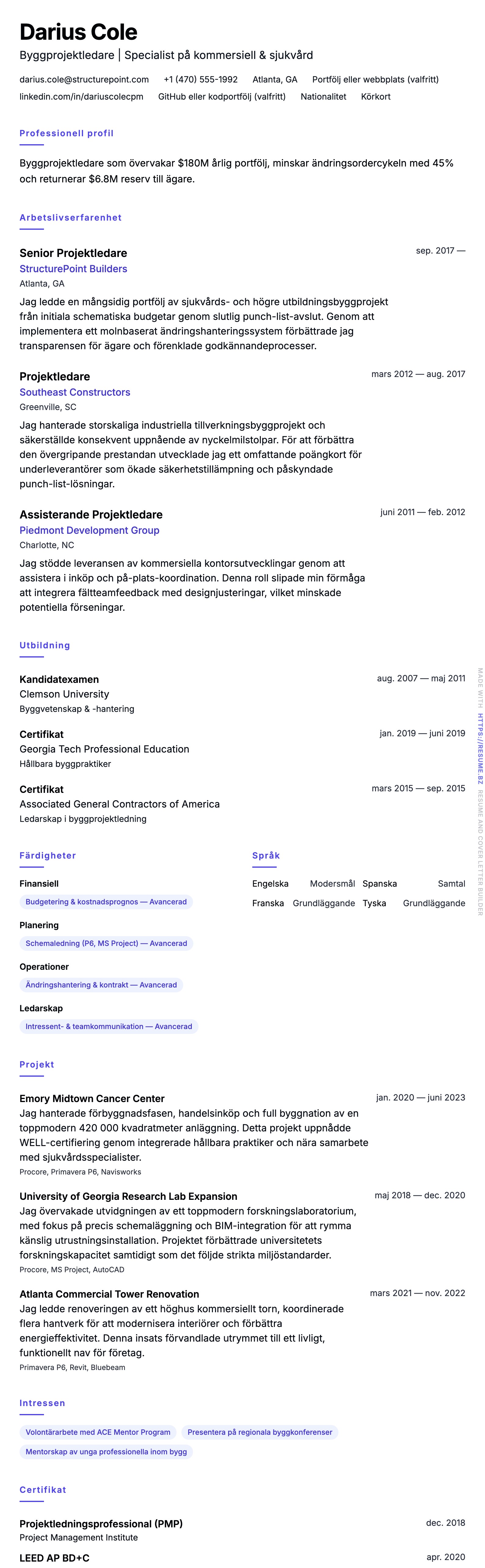 CV-förhandsgranskning för Byggprojektledare CV-exempel
