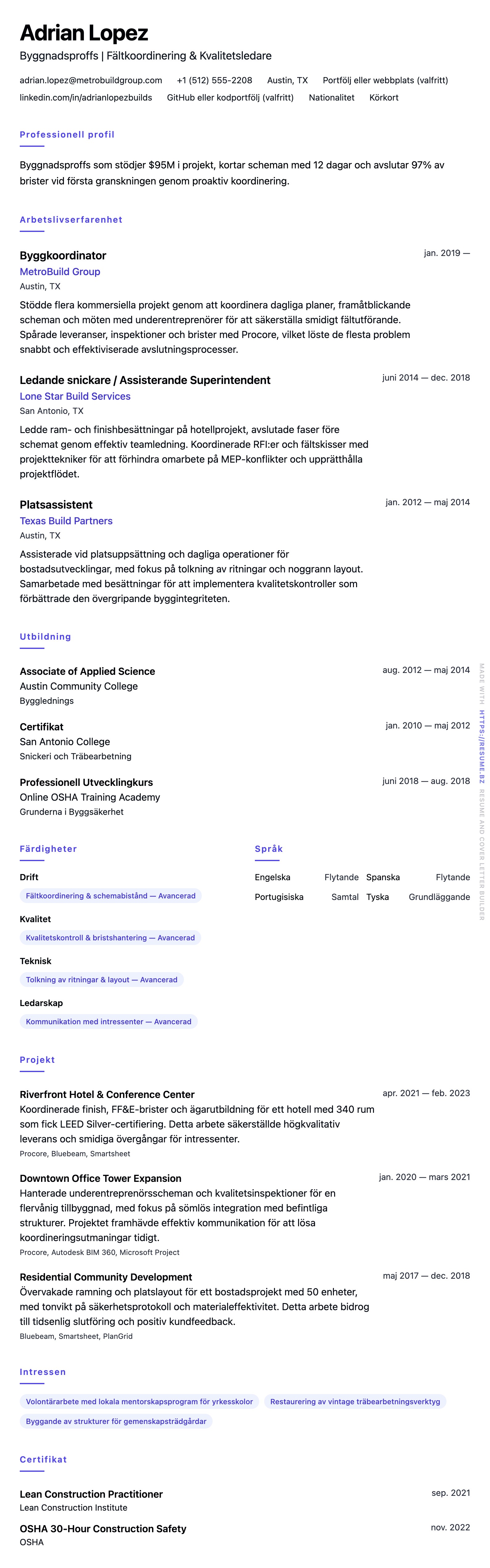 CV-förhandsgranskning för Exempel på CV för Byggnadsproffs