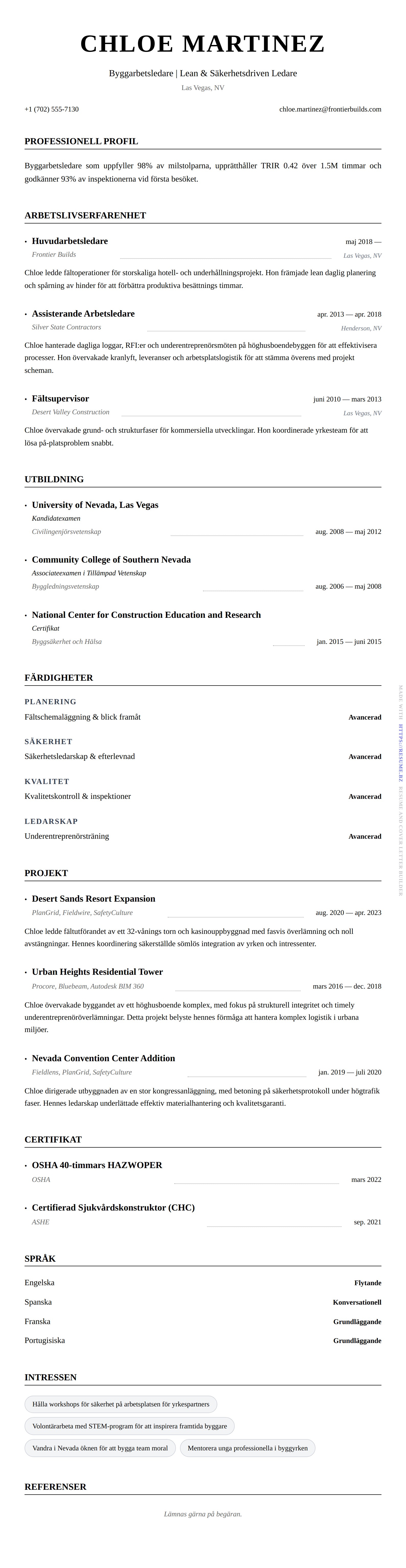 CV-förhandsgranskning för Byggarbetsledare CV-exempel