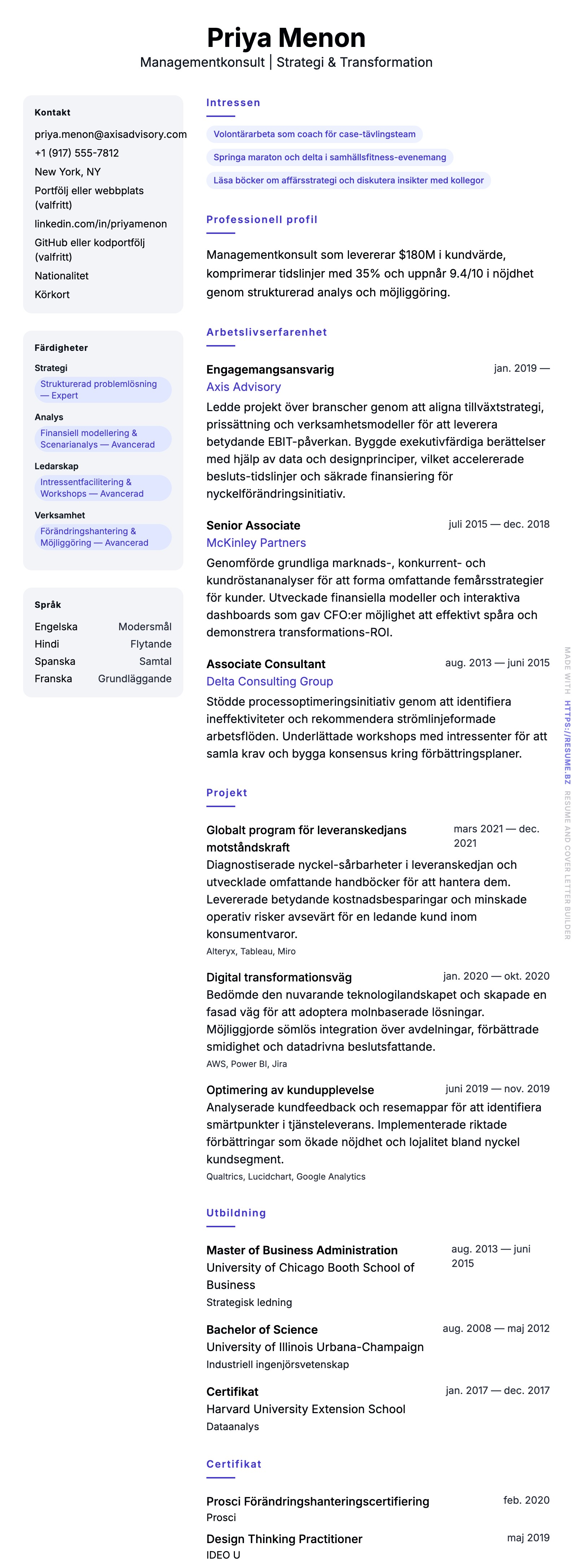 CV-förhandsgranskning för Exempel på CV för Managementkonsult
