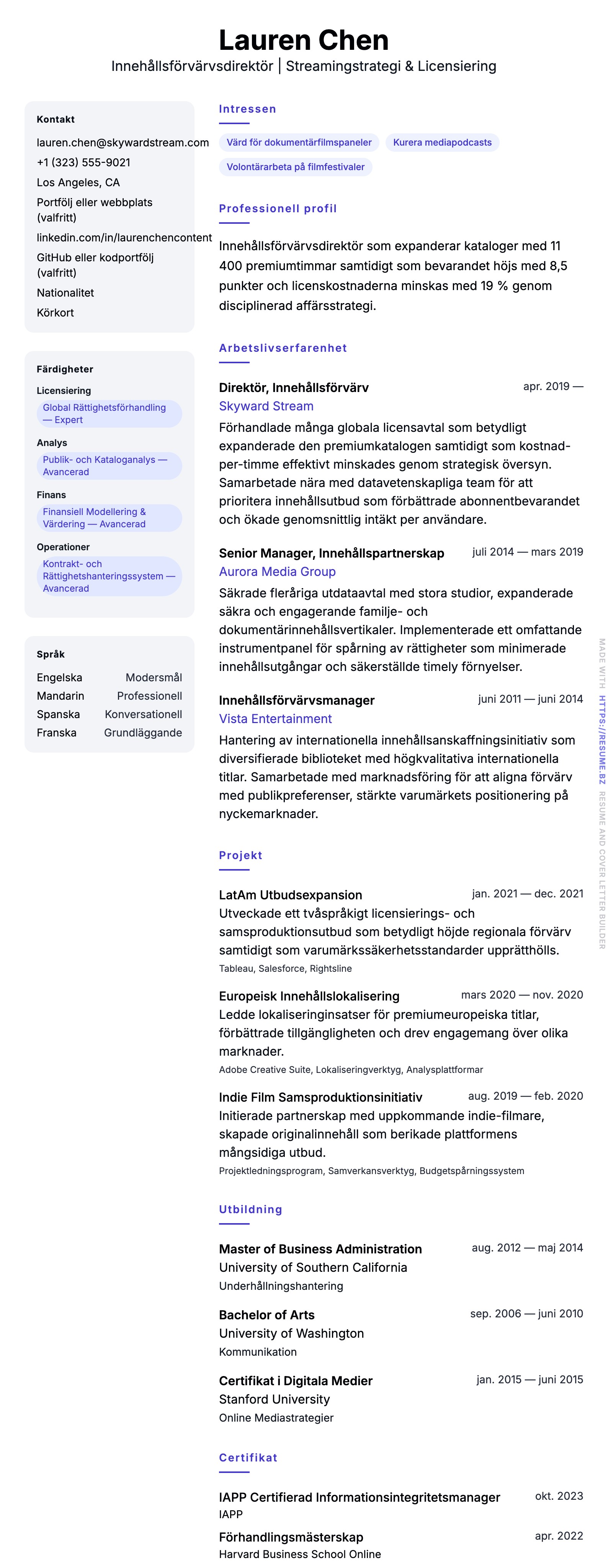 CV-förhandsgranskning för Exempel på CV för Innehållsförvärvsdirektör