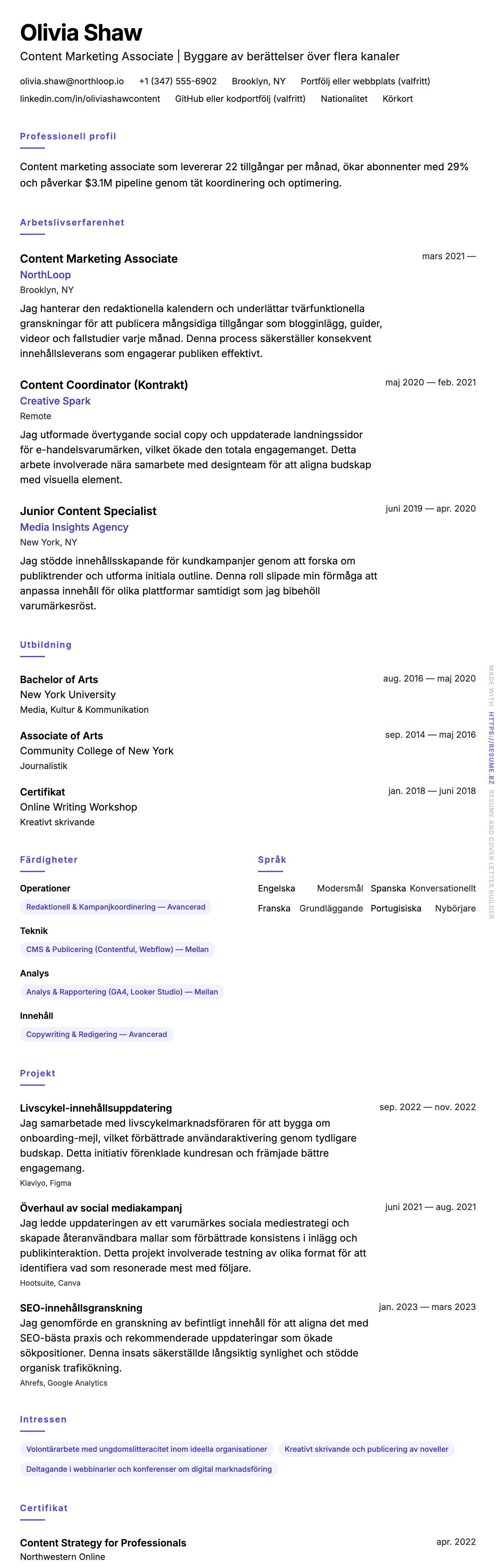 CV-förhandsgranskning för Exempel på CV för Content Marketing Associate
