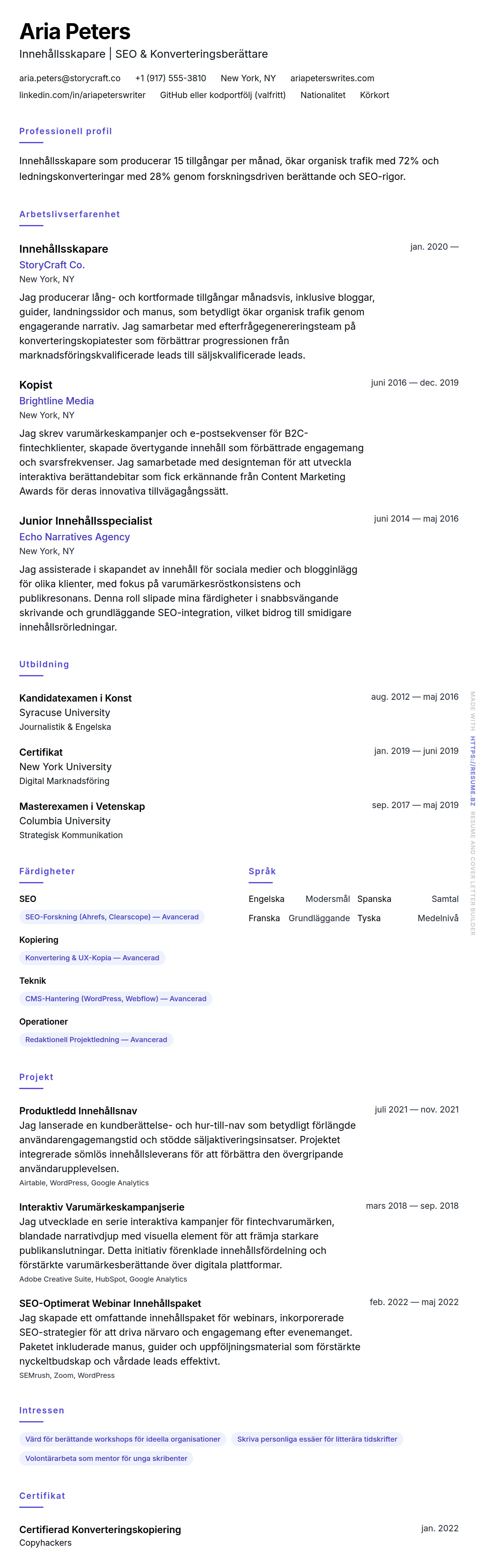 CV-förhandsgranskning för Exempel på CV för Innehållsskapare