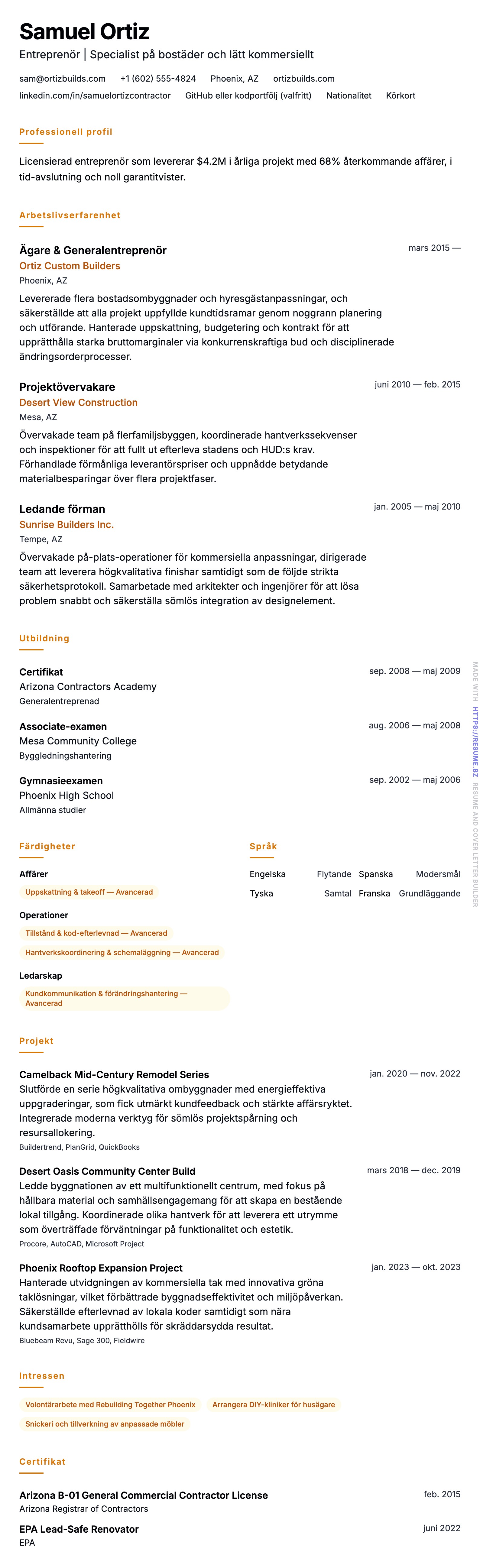 CV-förhandsgranskning för Entreprenör CV-exempel