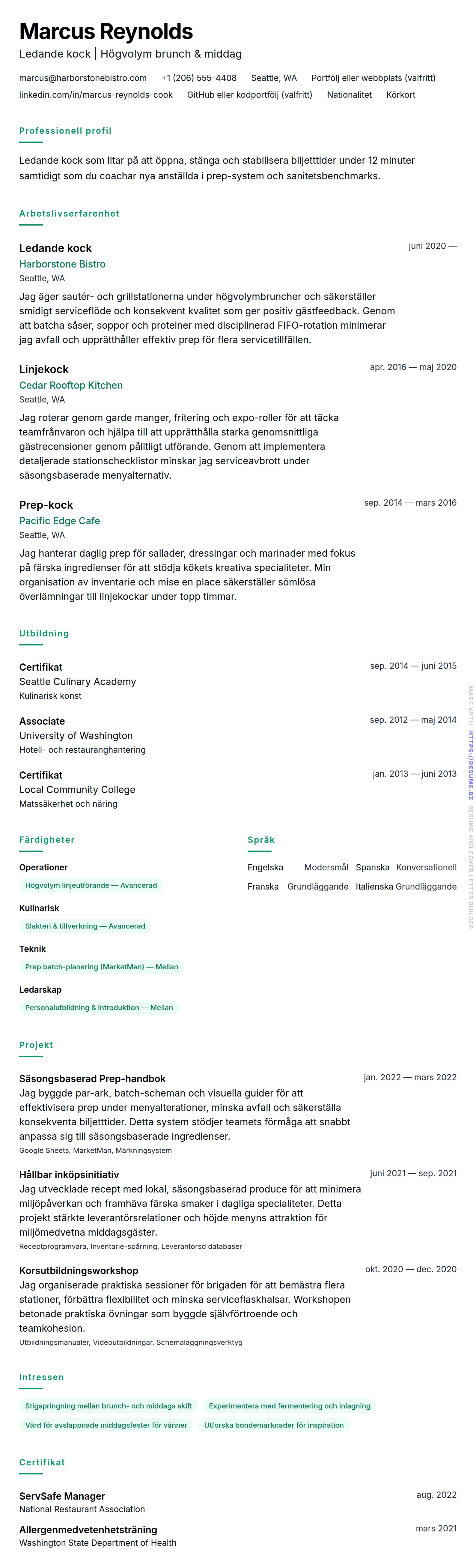 CV-förhandsgranskning för Kock CV-exempel