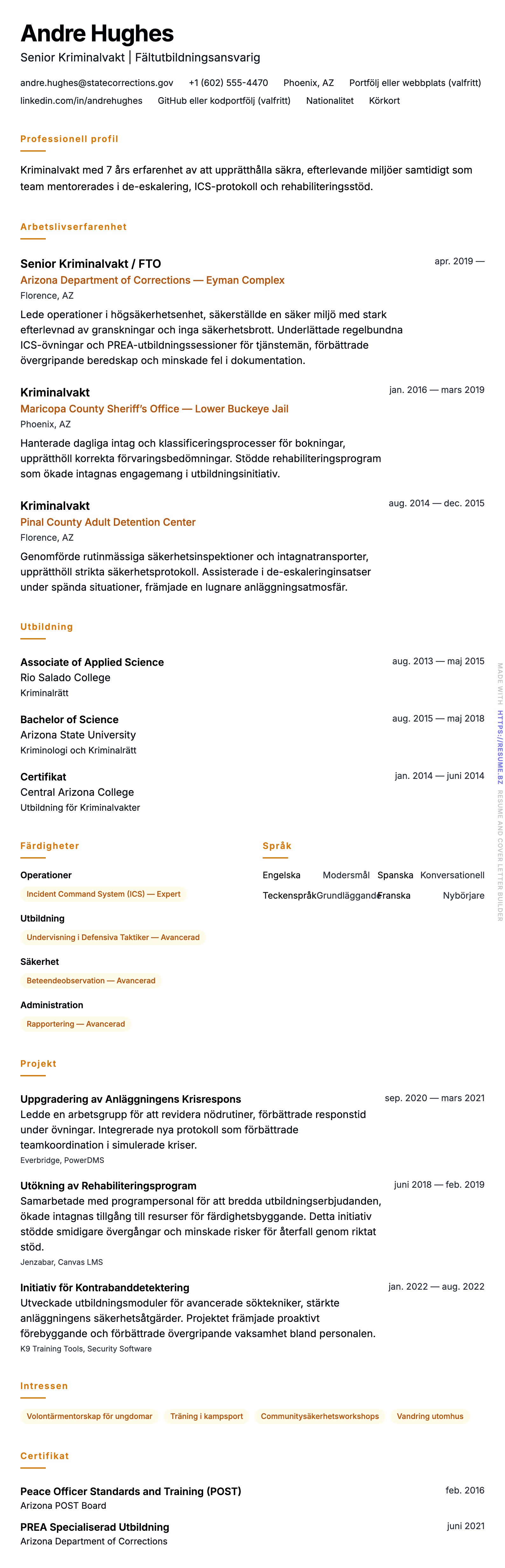 CV-förhandsgranskning för Exempel på CV för Kriminalvakt