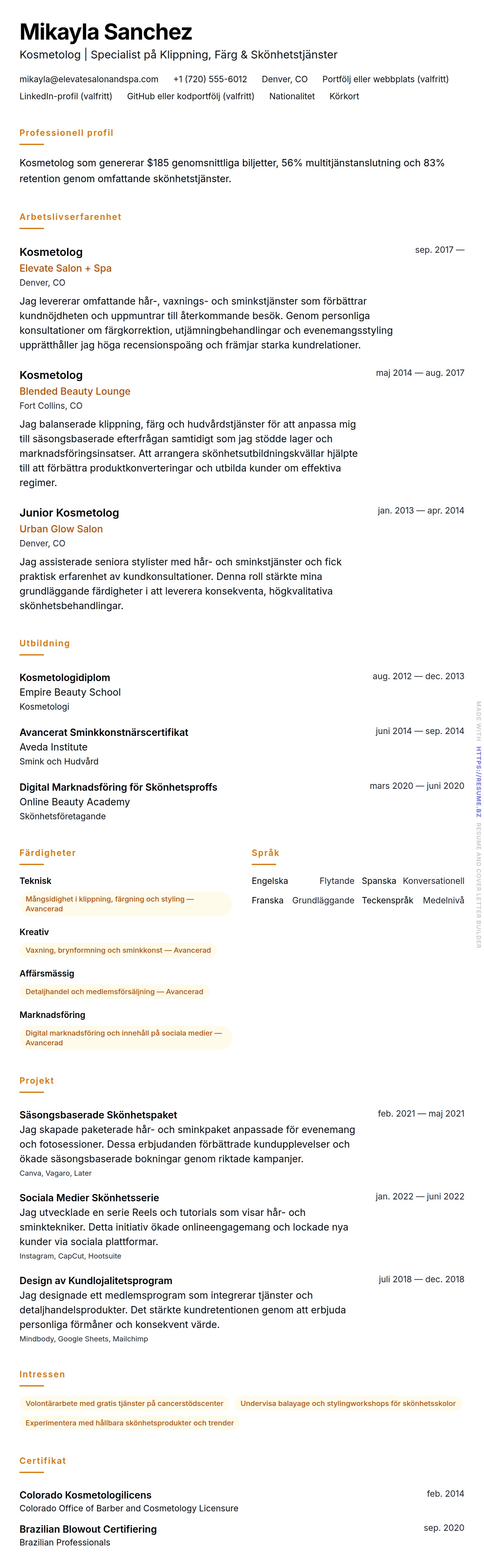 CV-förhandsgranskning för Kosmetolog CV-exempel
