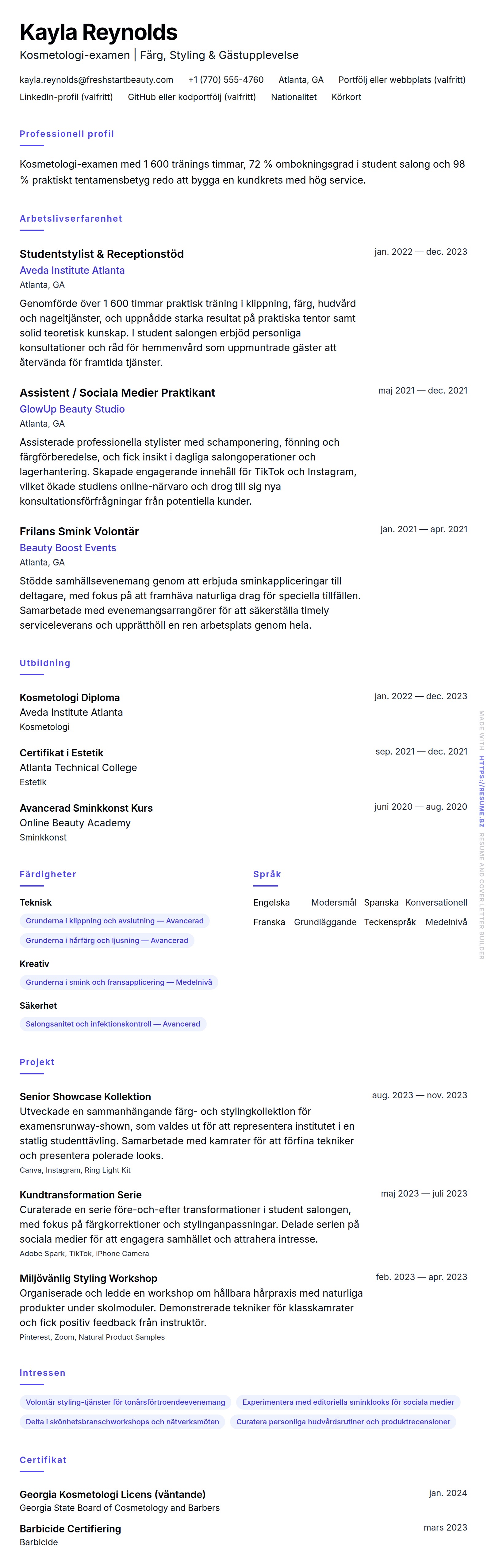 CV-förhandsgranskning för Exempel på CV för Kosmetologi-examen