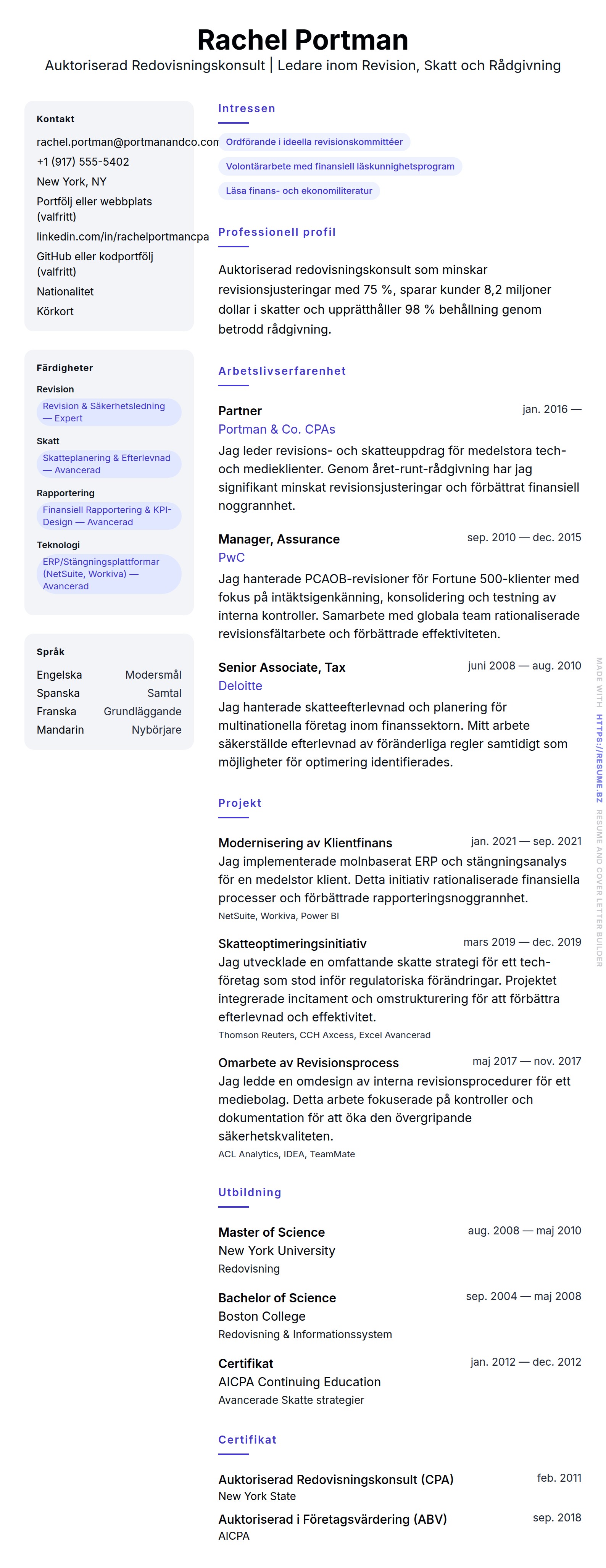 CV-förhandsgranskning för Exempel på CV för Auktoriserad Redovisningskonsult