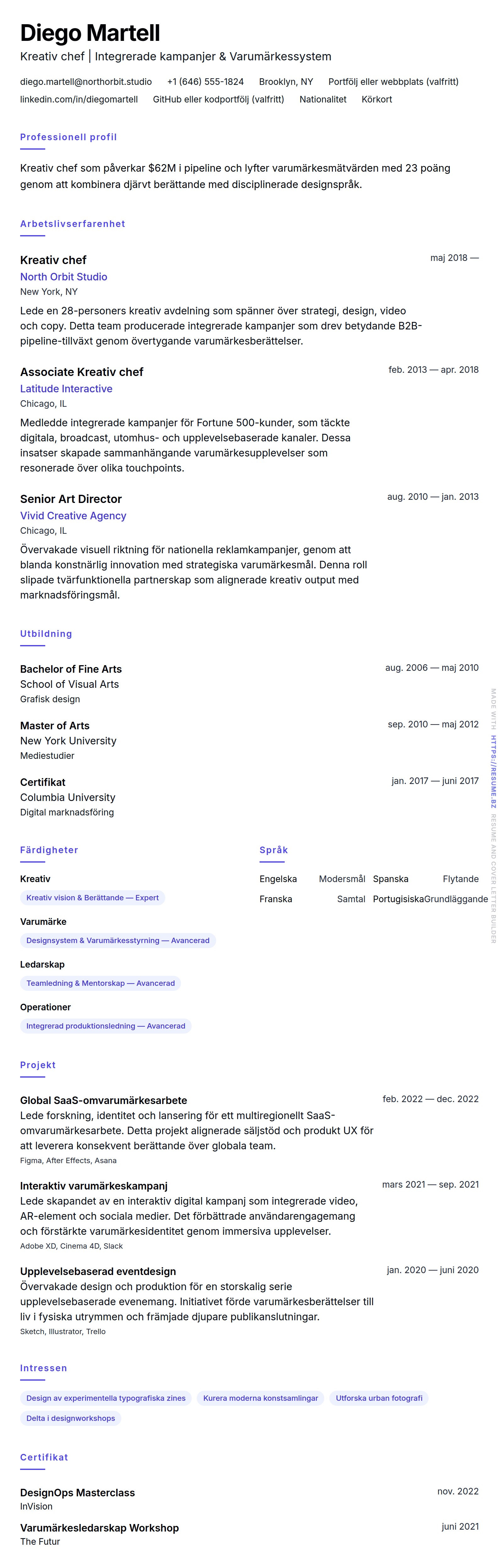 CV-förhandsgranskning för Exempel på CV för kreativ chef