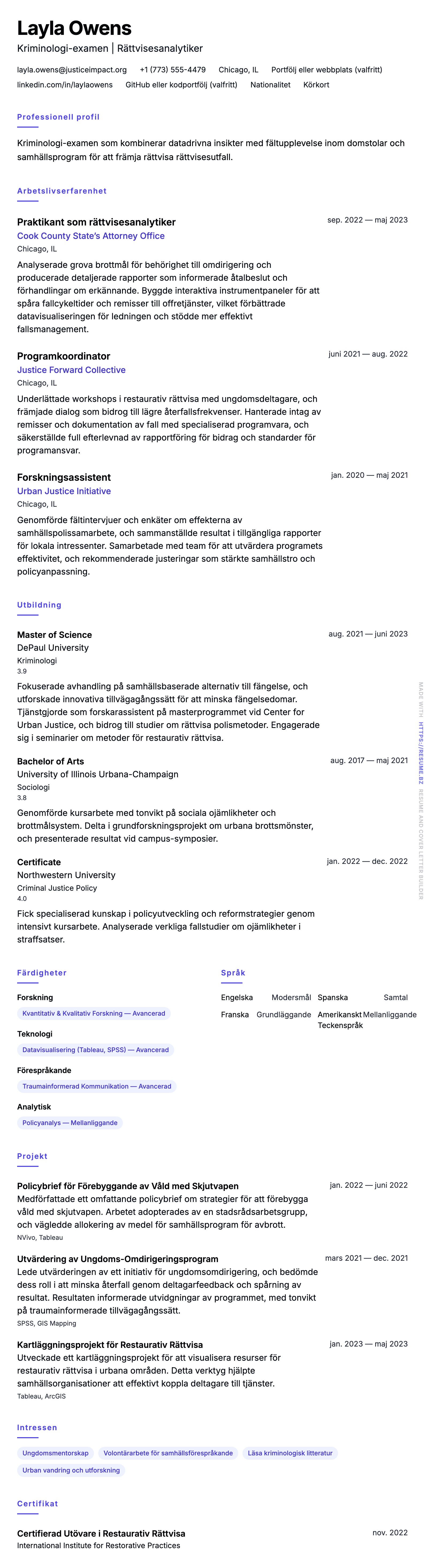 CV-förhandsgranskning för Exempel på CV för kriminologi-examen