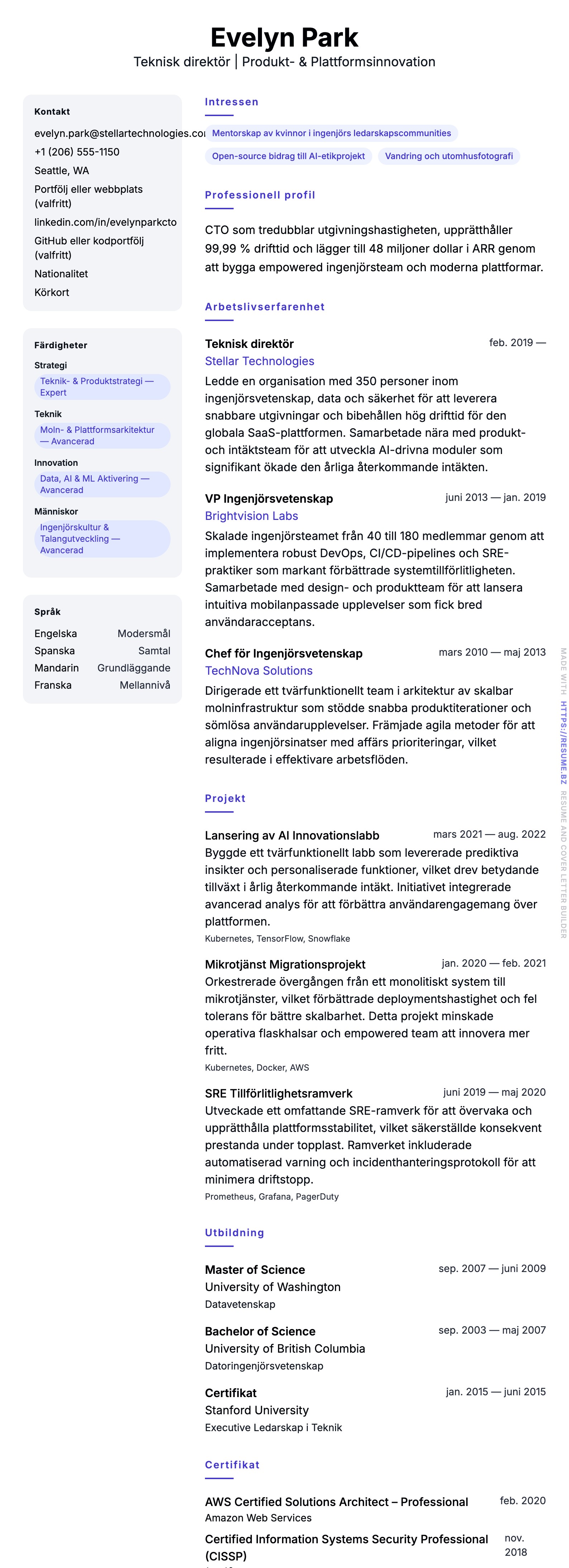 CV-förhandsgranskning för Exempel på CV för Teknisk direktör