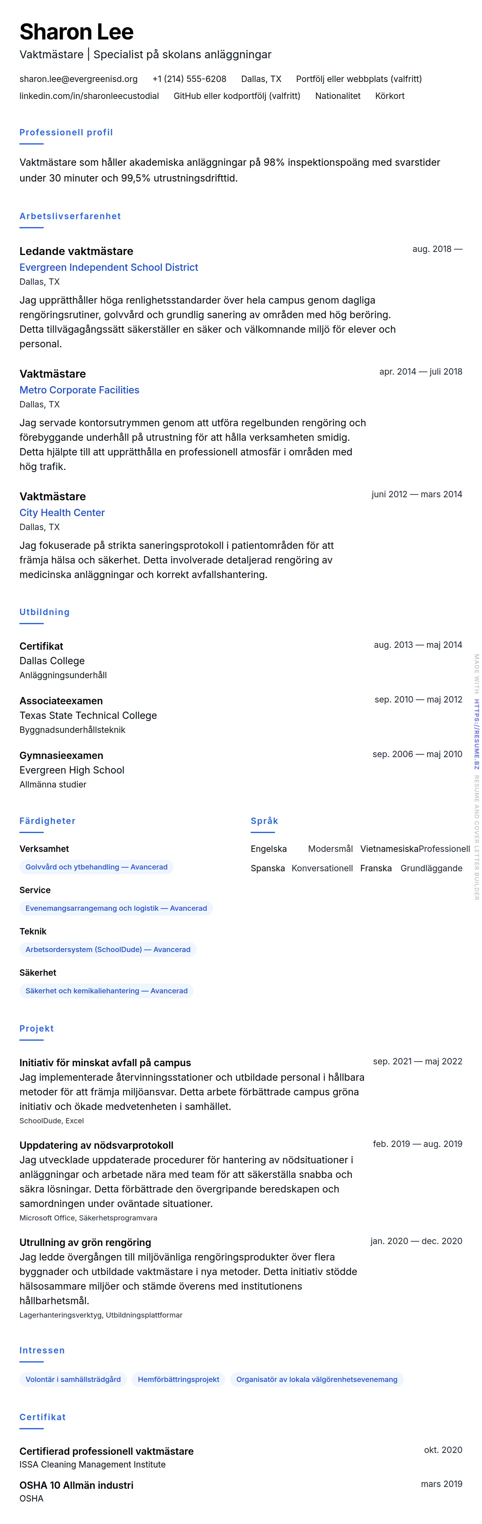 CV-förhandsgranskning för Exempel på vaktmästar-CV
