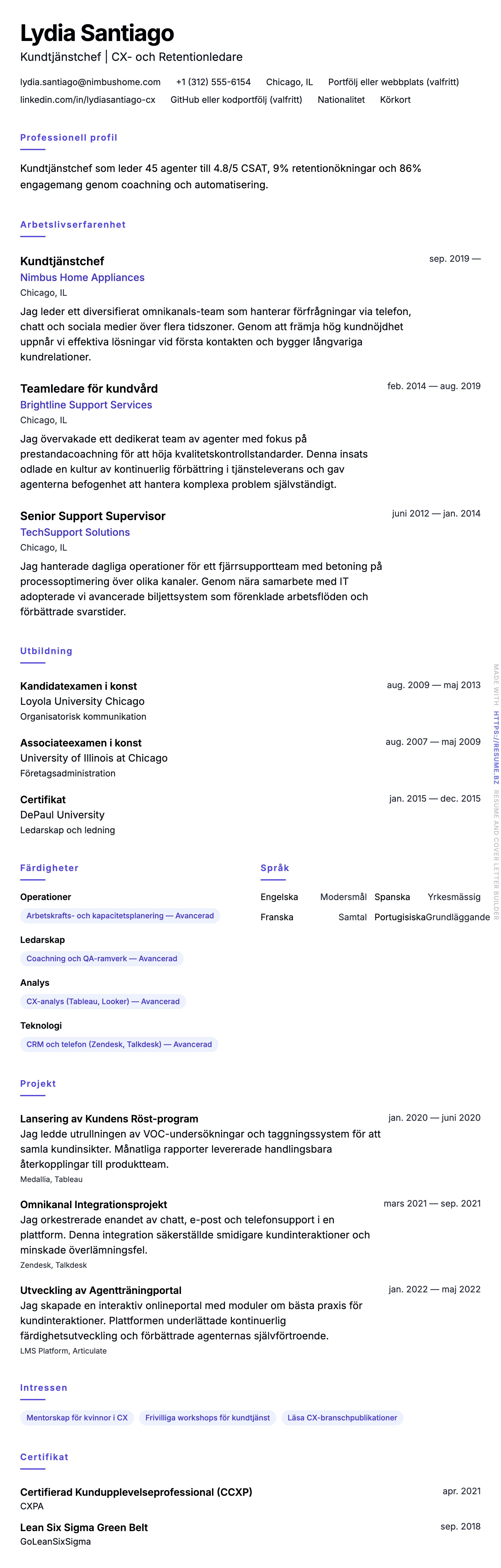 CV-förhandsgranskning för Exempel på CV för Kundtjänstchef