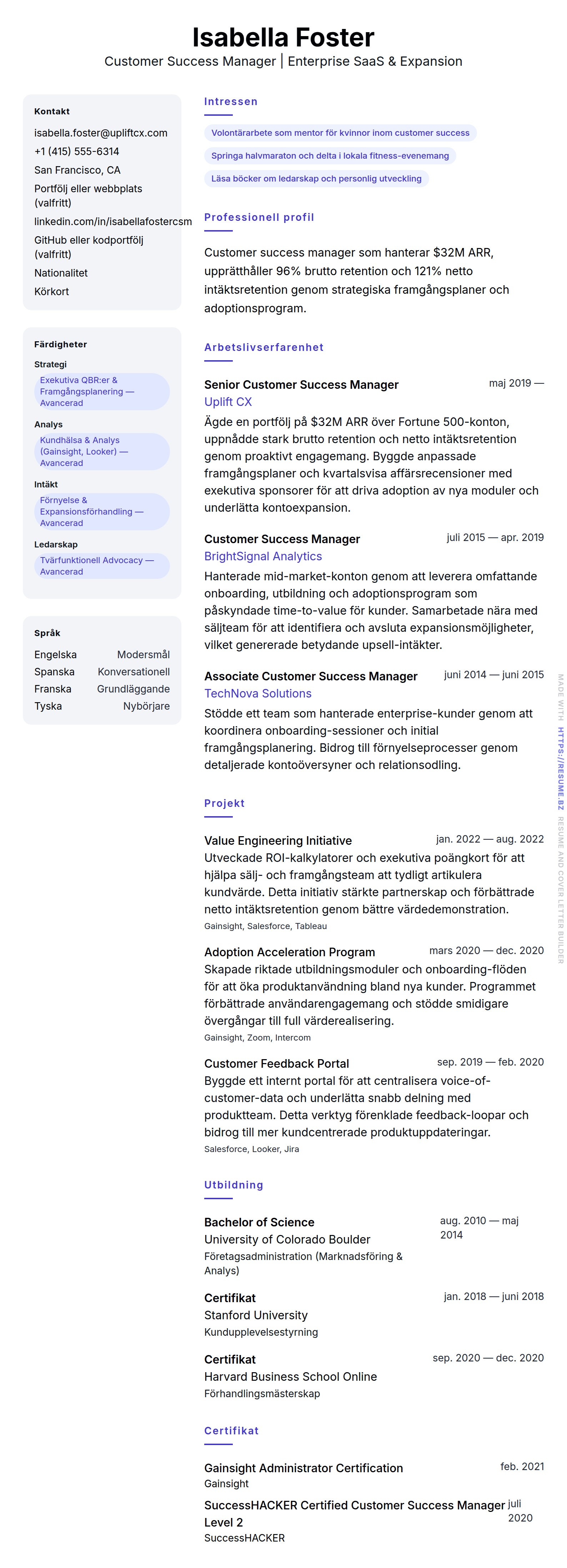 CV-förhandsgranskning för Exempel på CV för Customer Success Manager