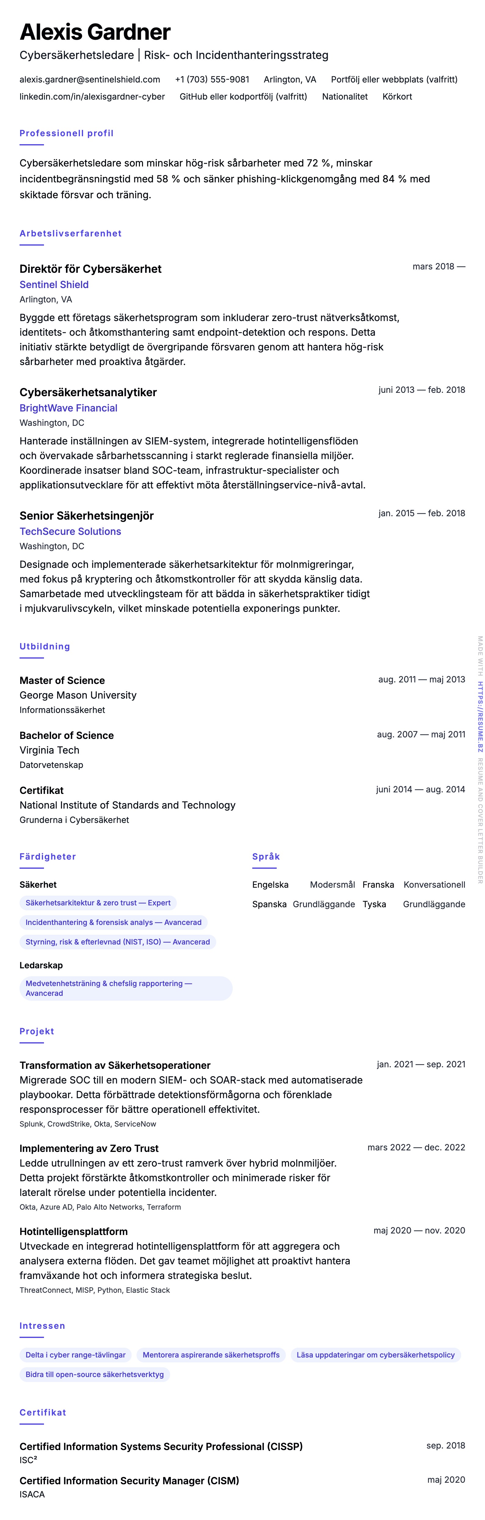 CV-förhandsgranskning för Exempel på CV för Cybersäkerhetsproffs