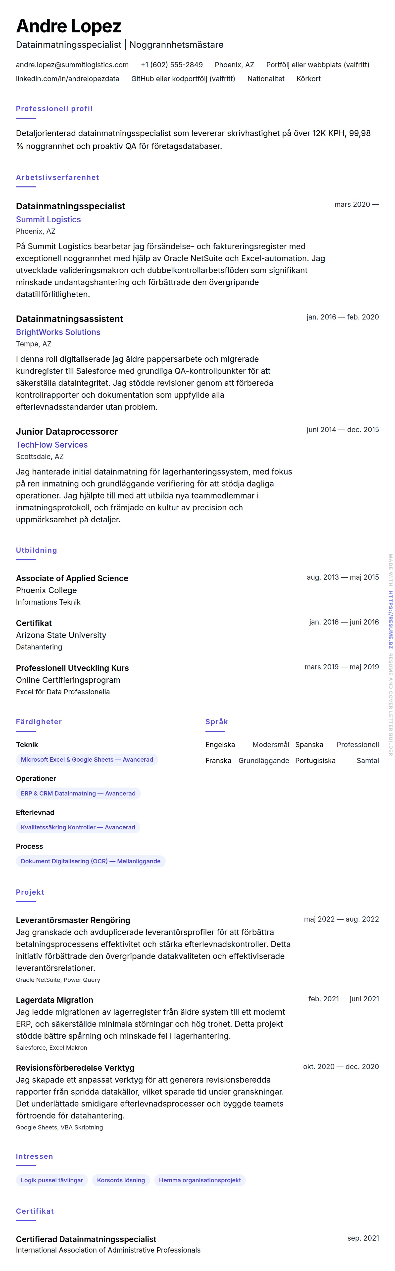 CV-förhandsgranskning för Exempel på CV för Datainmatningsspecialist