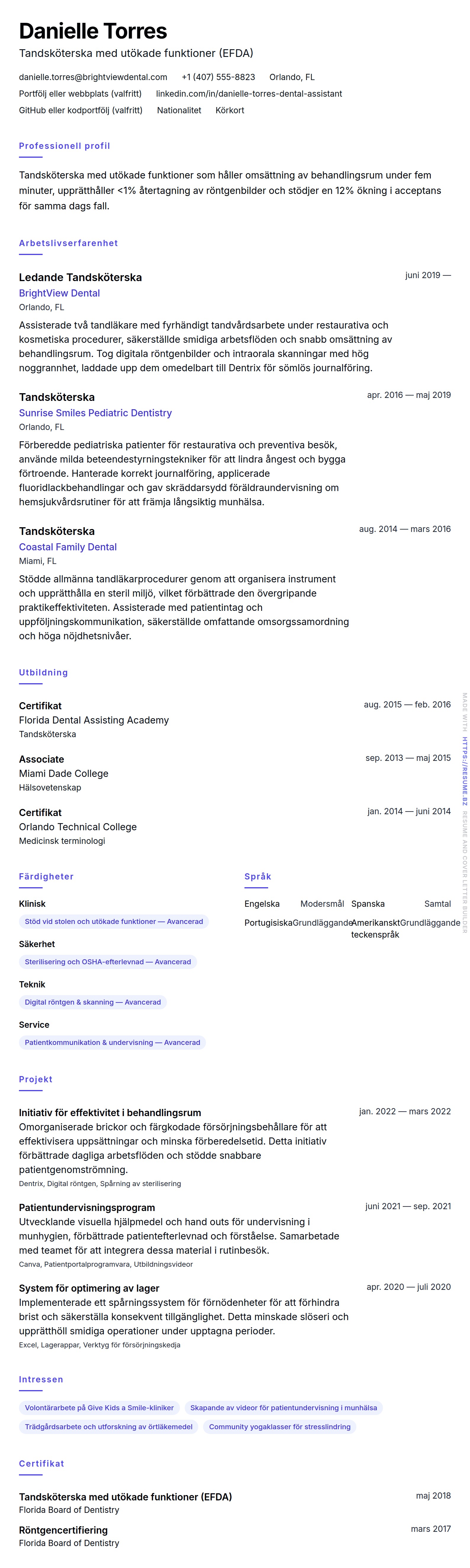 CV-förhandsgranskning för Exempel på CV för Tandsköterska