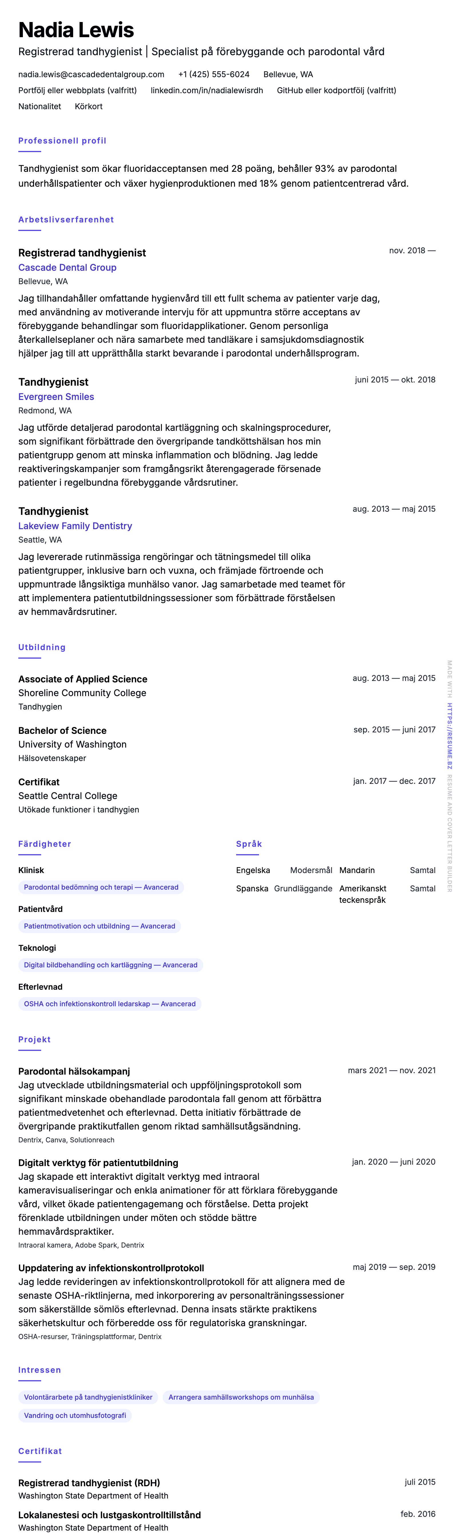 CV-förhandsgranskning för Tandhygienist CV-exempel
