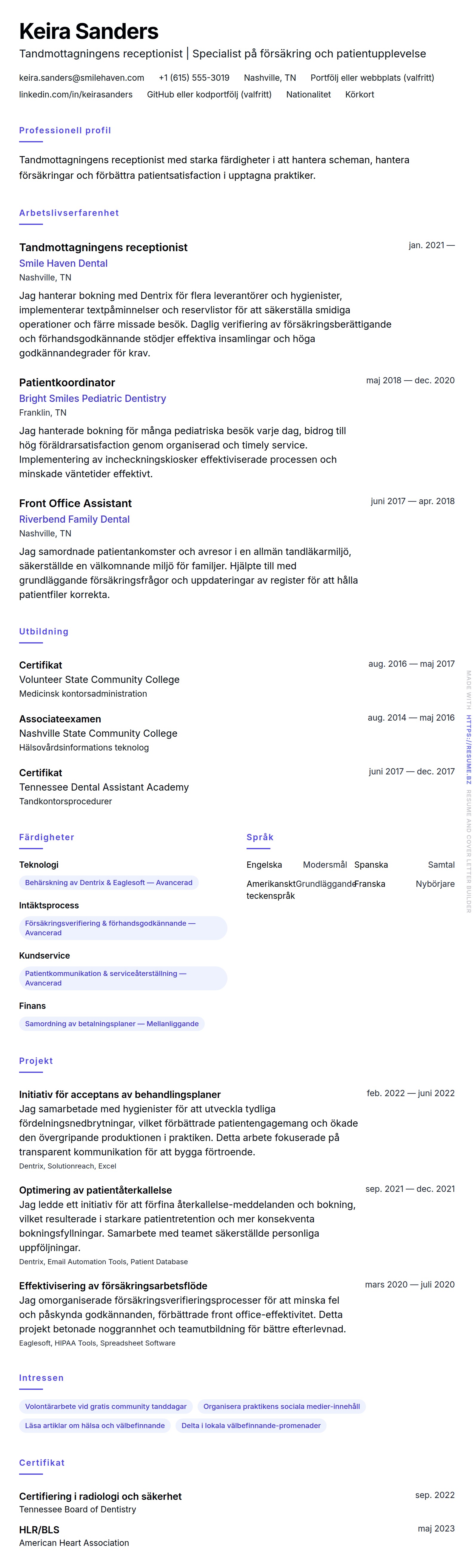 CV-förhandsgranskning för Exempel på CV för tandmottagningens receptionist