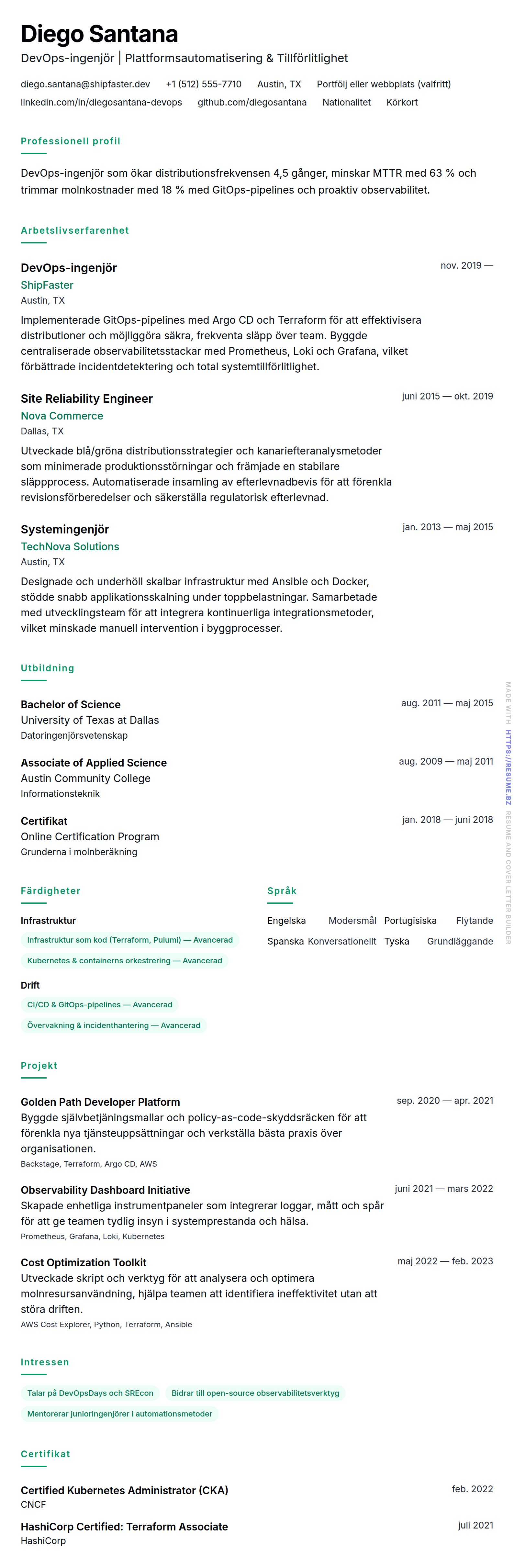 CV-förhandsgranskning för DevOps-ingenjör CV-exempel