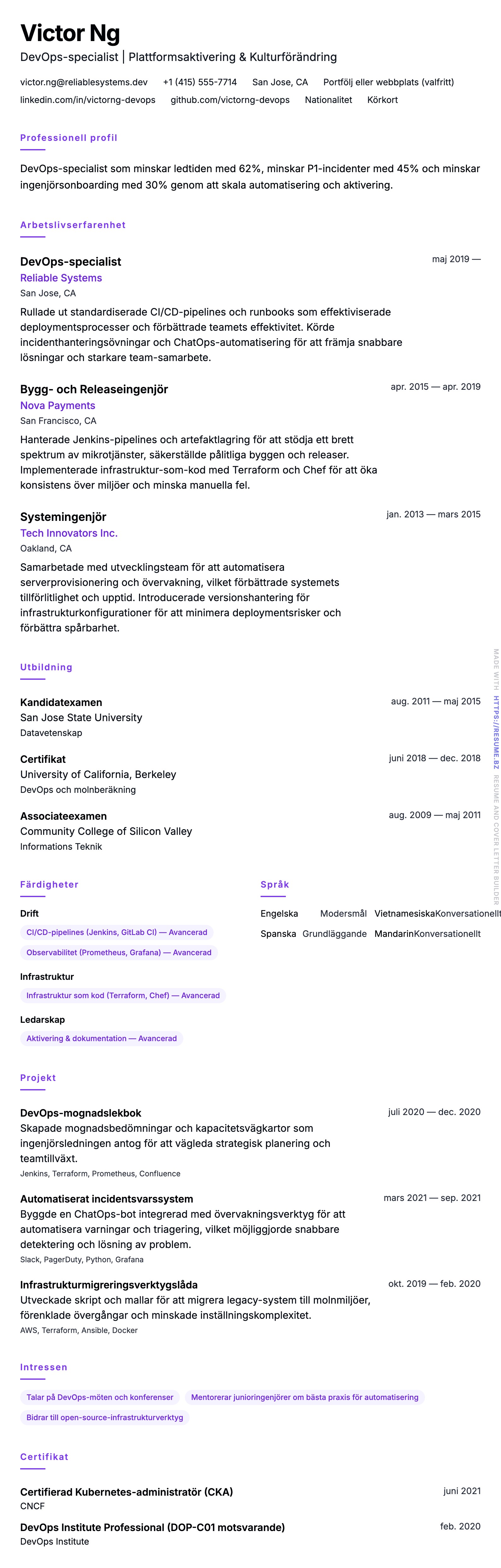 CV-förhandsgranskning för Exempel på CV för DevOps-specialist
