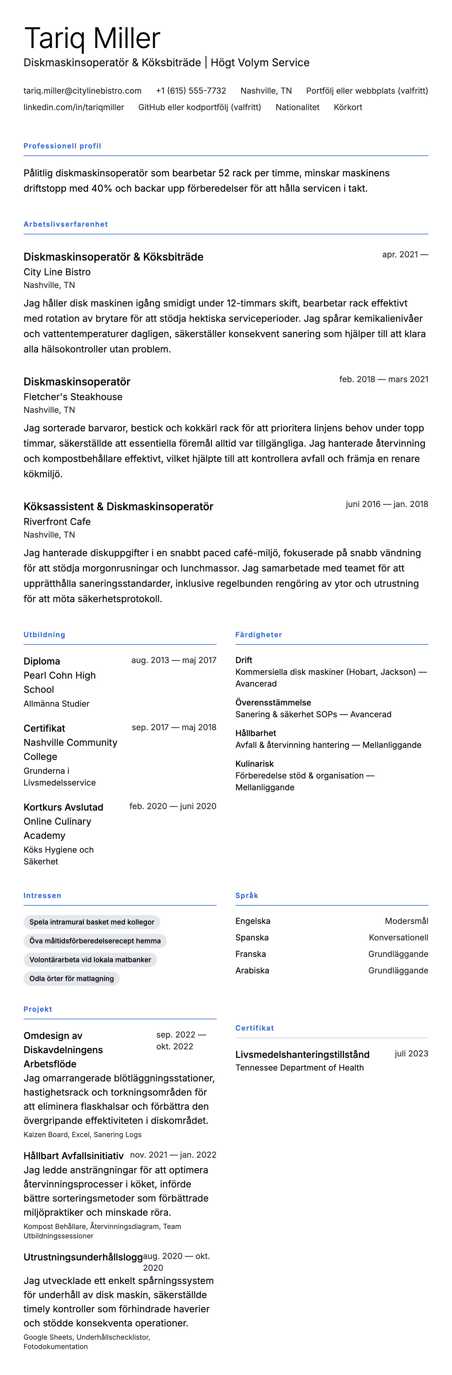 CV-förhandsgranskning för Exempel på CV för diskmaskinsoperatör