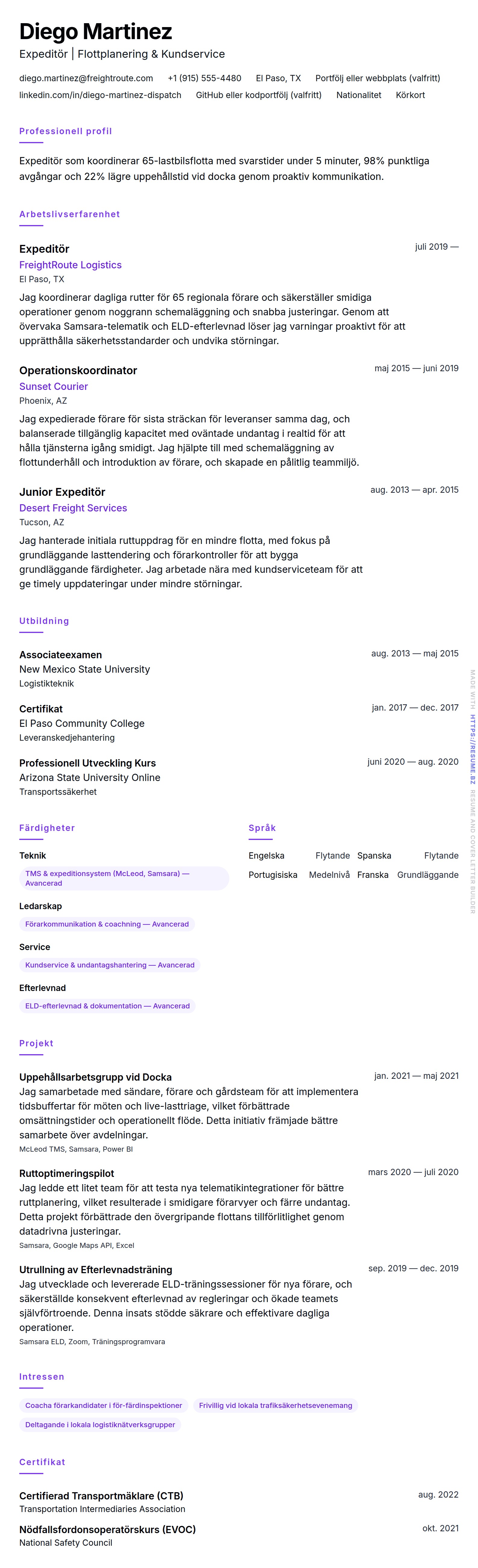 CV-förhandsgranskning för Expeditörs CV-exempel