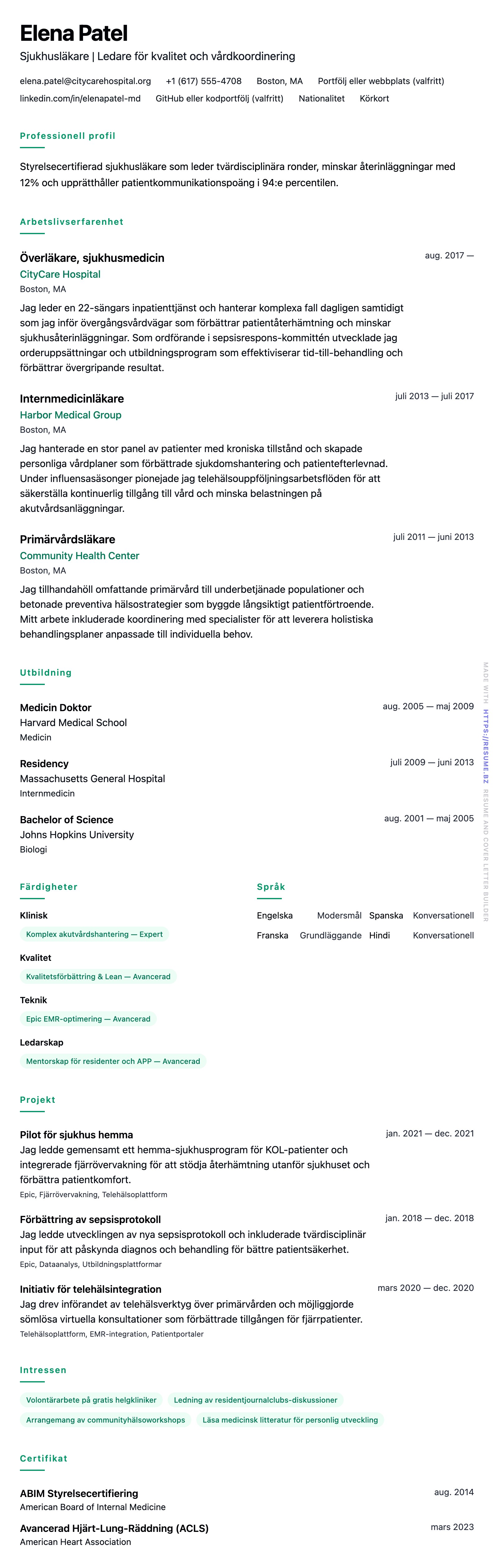 CV-förhandsgranskning för Exempel på läkar-CV