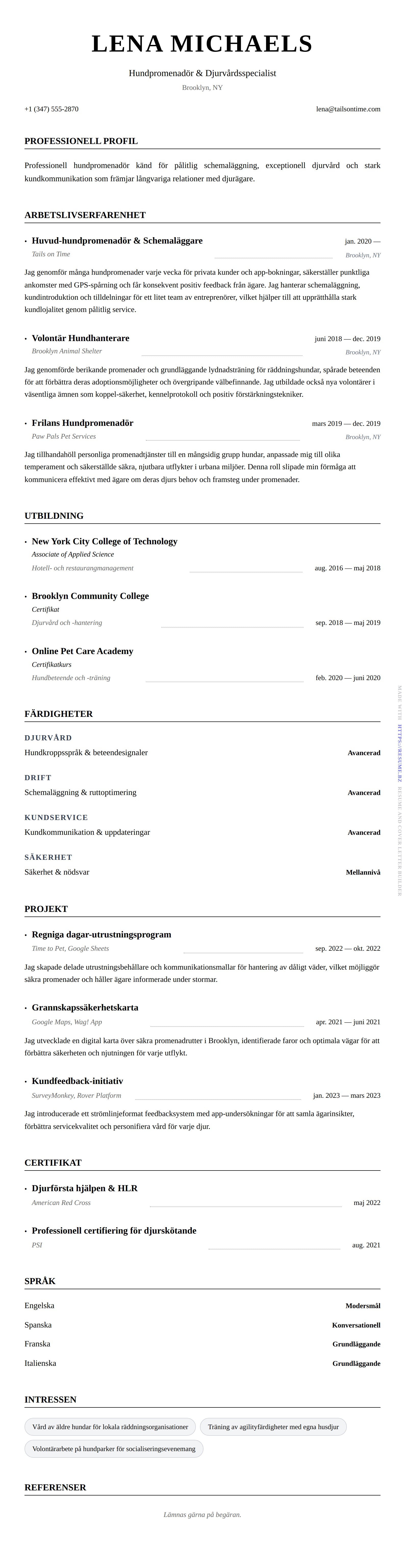 CV-förhandsgranskning för Exempel på CV för hundpromenadör