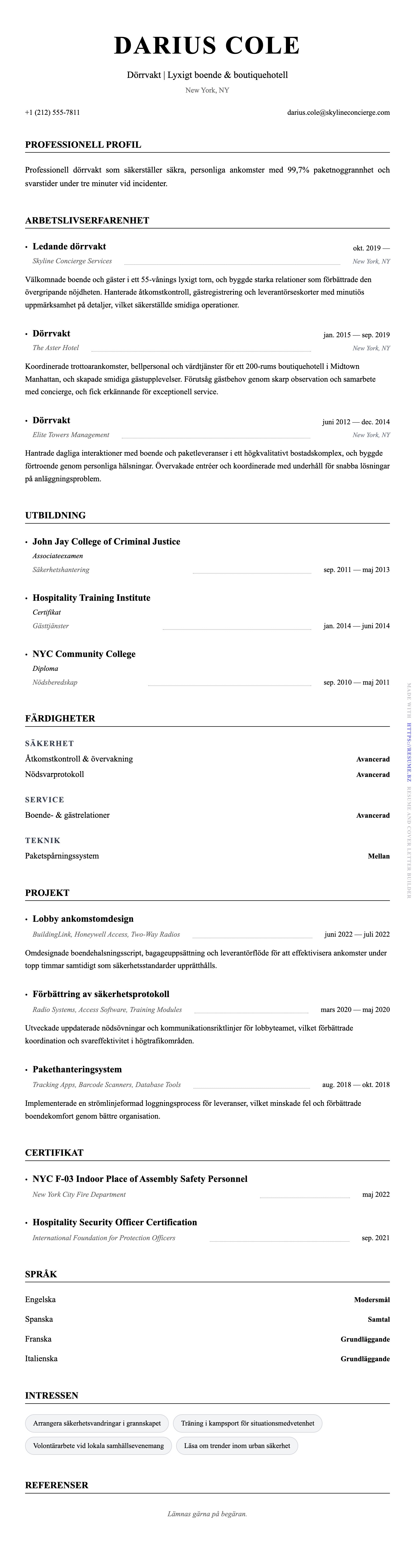 CV-förhandsgranskning för Exempel på CV för dörrvakt
