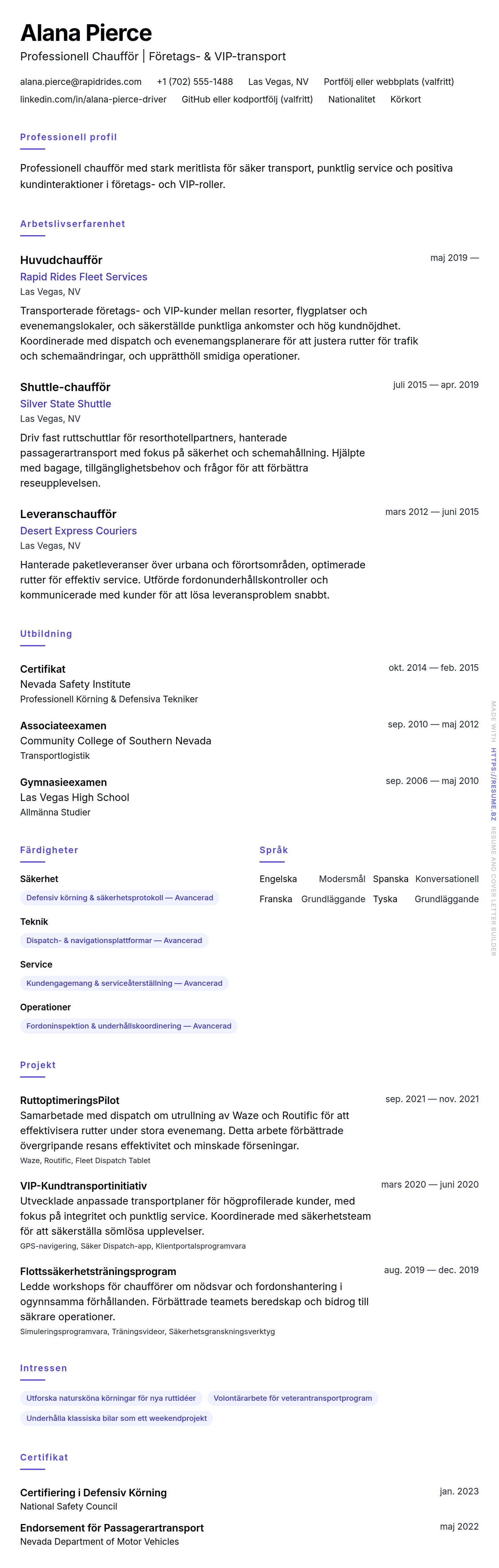 CV-förhandsgranskning för Exempel på Chaufförs CV