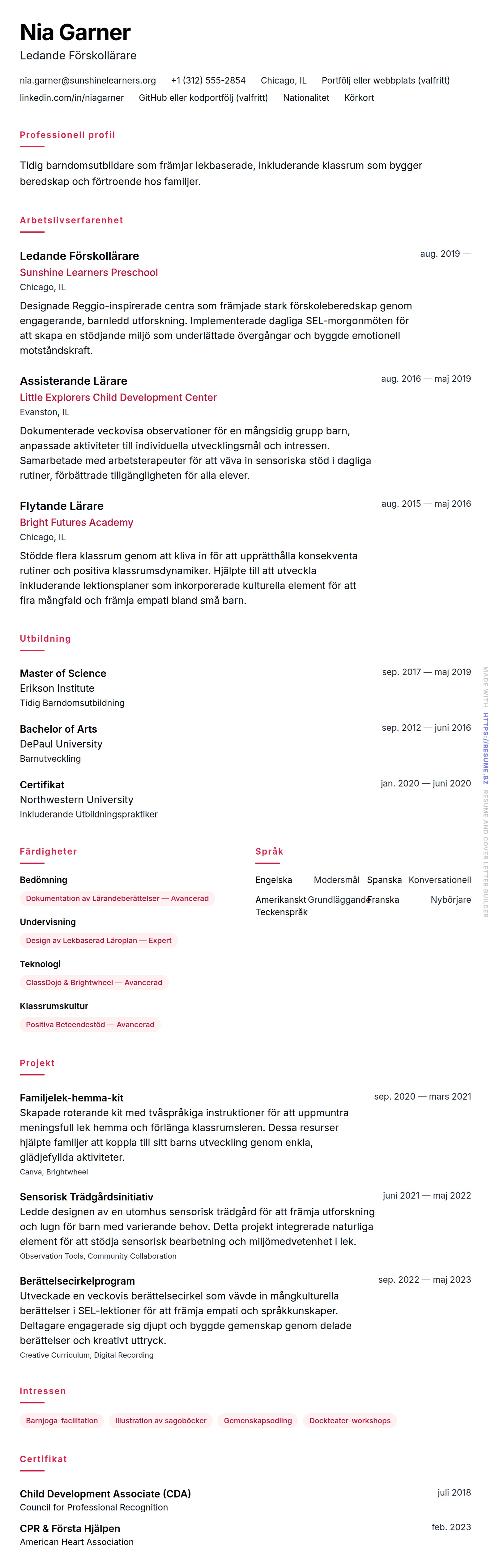 CV-förhandsgranskning för Tidig Barndomsutbildare CV-Exempel