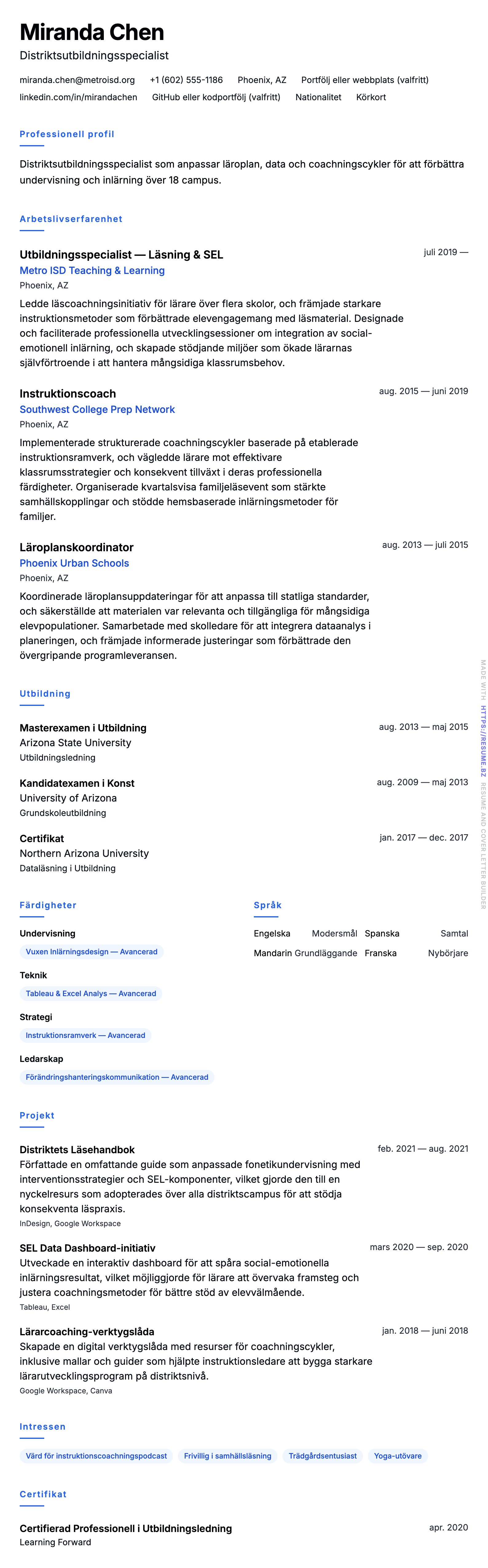 CV-förhandsgranskning för Exempel på CV för Utbildningsspecialist