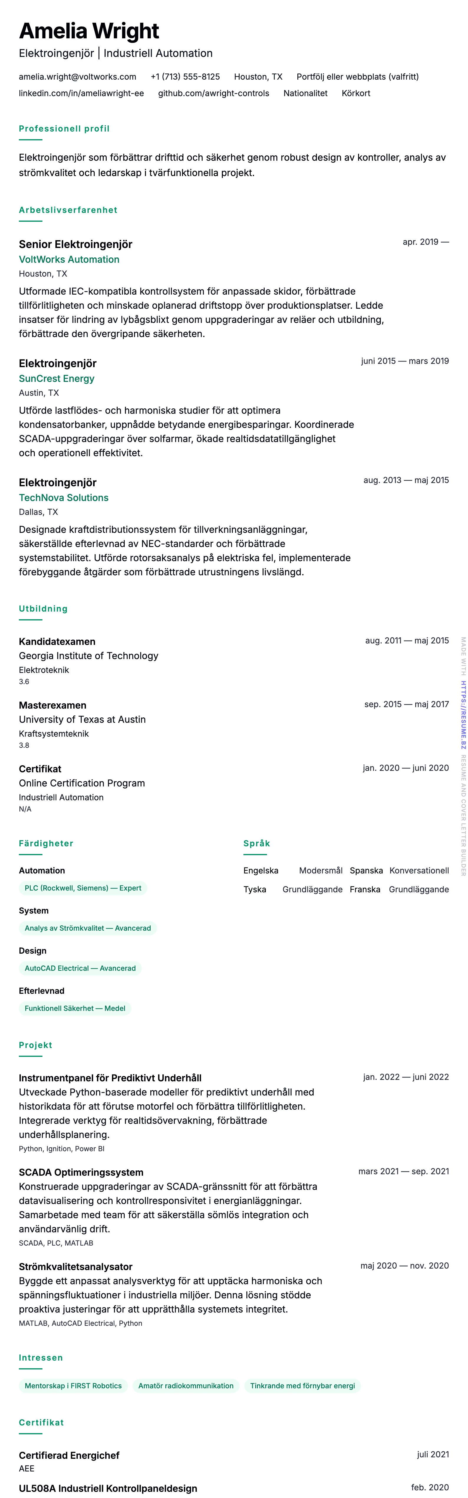 CV-förhandsgranskning för Exempel på CV för Elektroingenjör