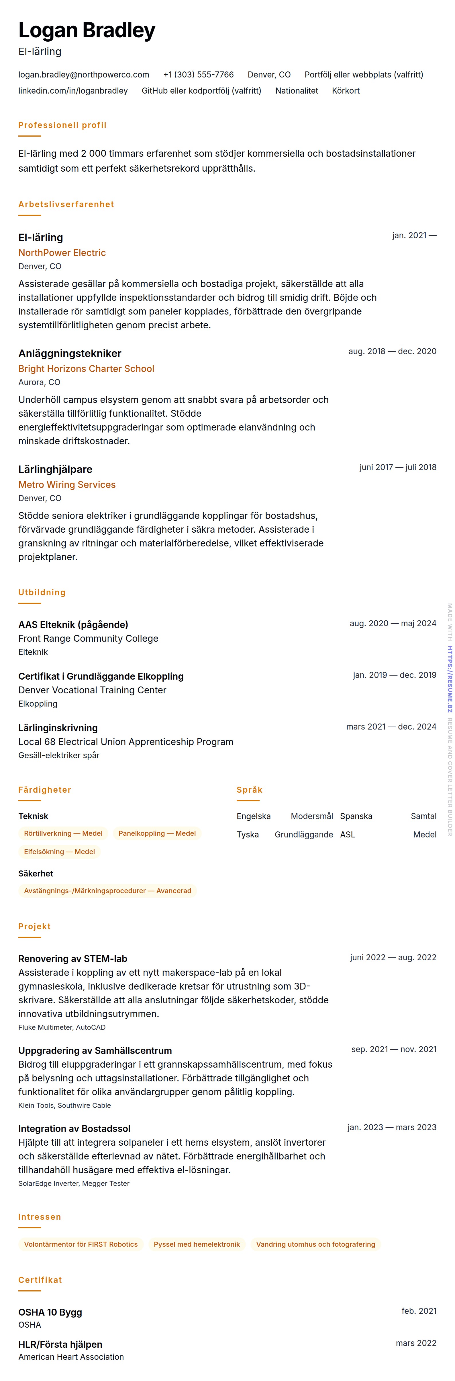 CV-förhandsgranskning för Exempel på CV för Elektrikerlärling